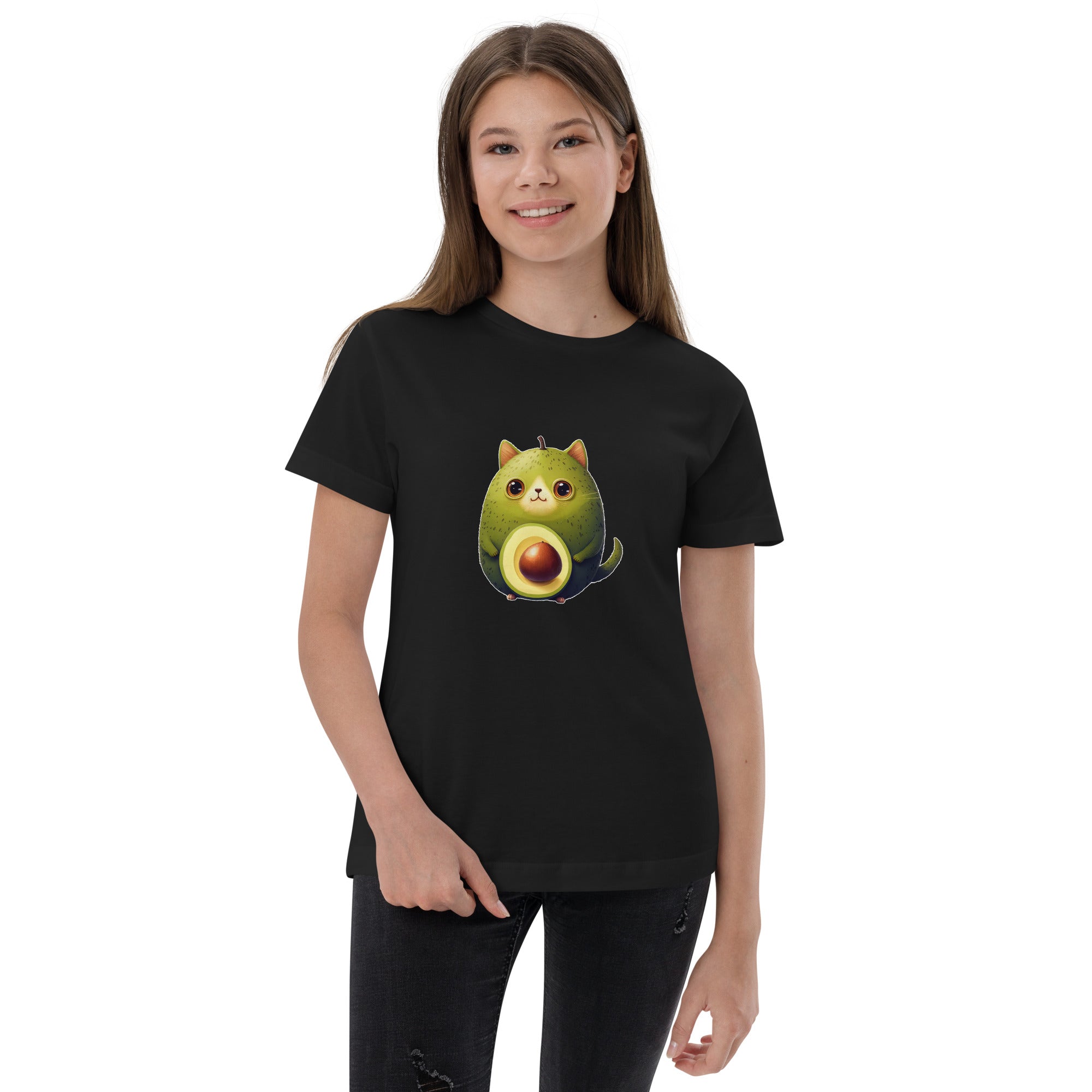 PhilanthroBit's Adorable Avocat (avocado cat) Black Youth jersey t-shirt - front