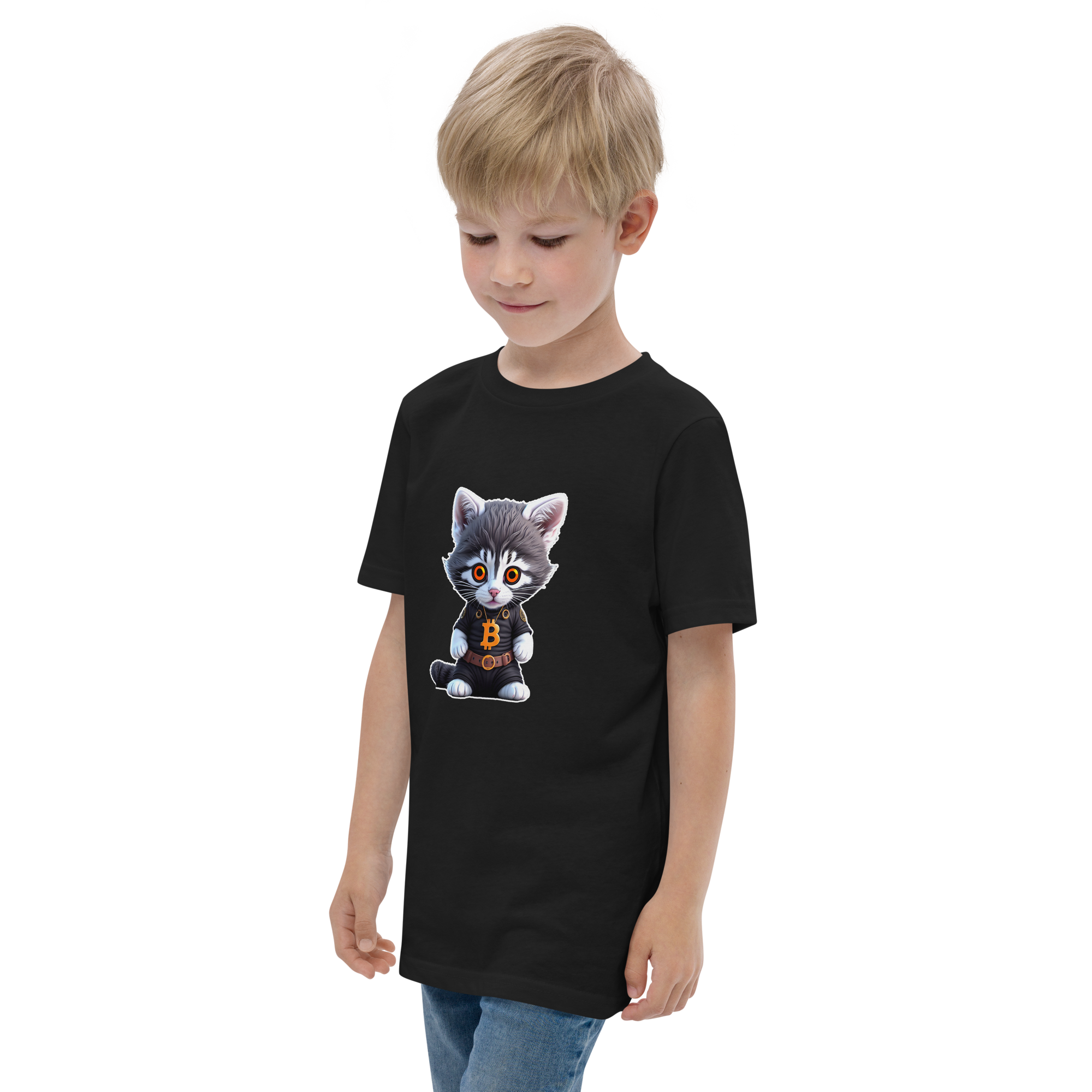 PhilanthroBit's Cool Bitcoin Cat Black Youth jersey t-shirt - left front