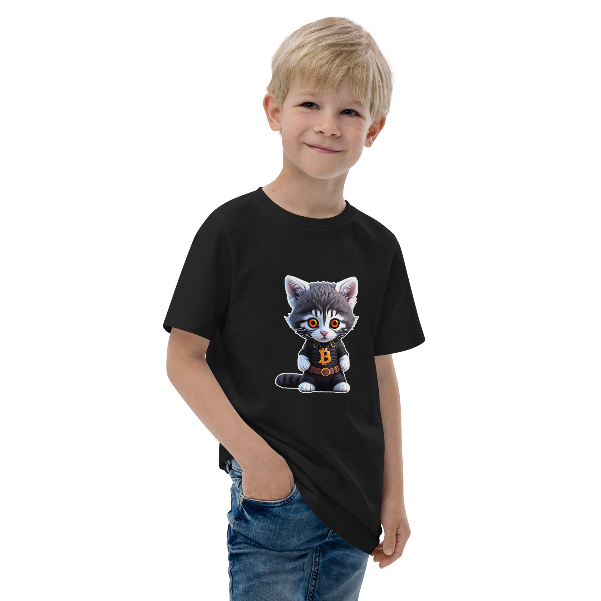 PhilanthroBit's Cool Bitcoin Cat Black Youth jersey t-shirt - right front