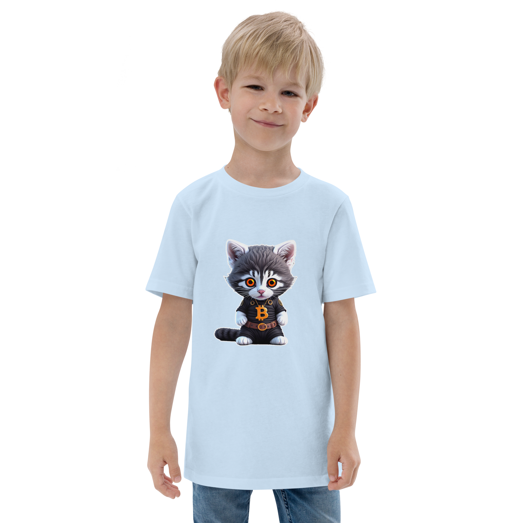 PhilanthroBit's Cool Bitcoin Cat Light Blue Youth jersey t-shirt - front