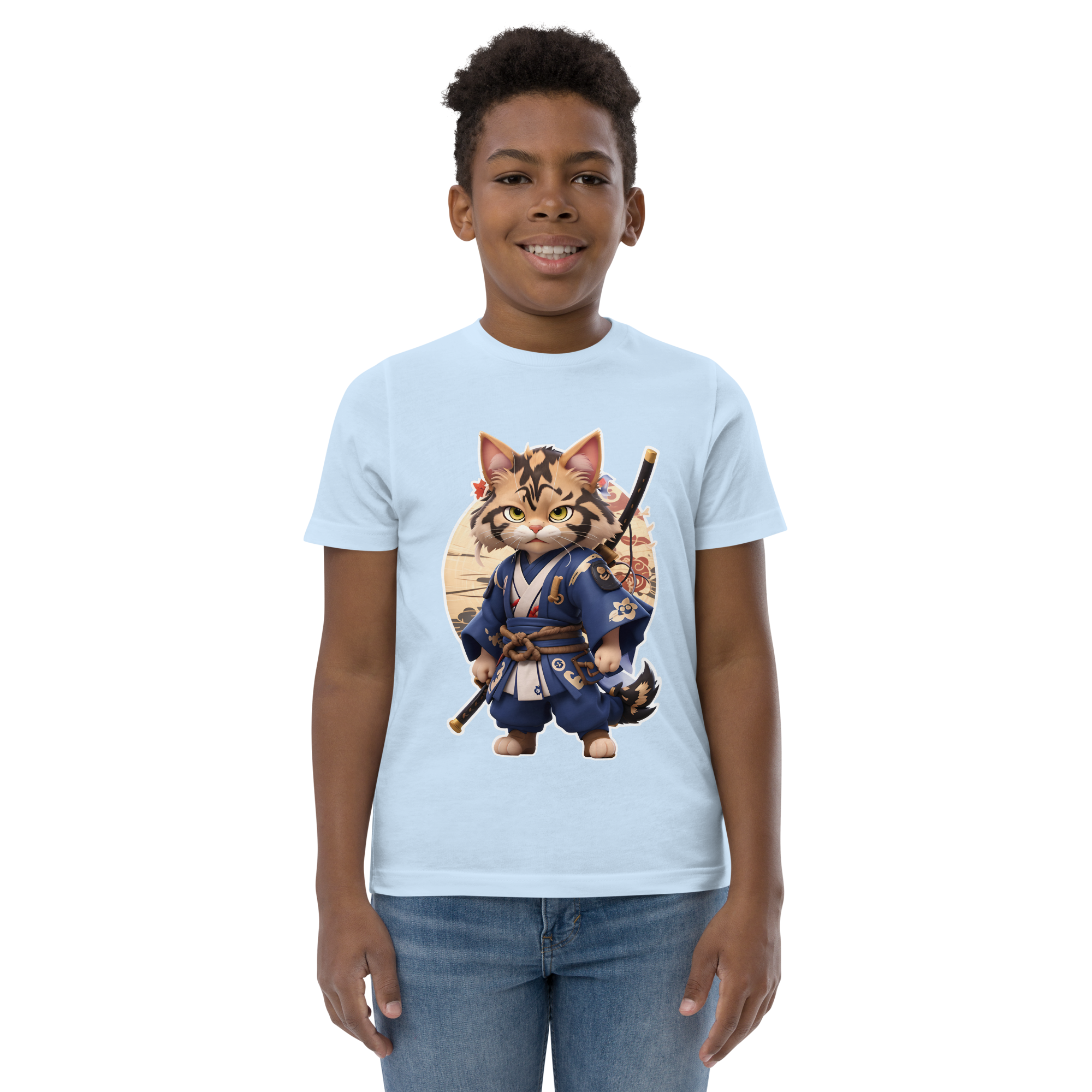 KyoFit Samurai Cat Youth light blue martial arts jersey t-shirt - front | By PhilanthroBit