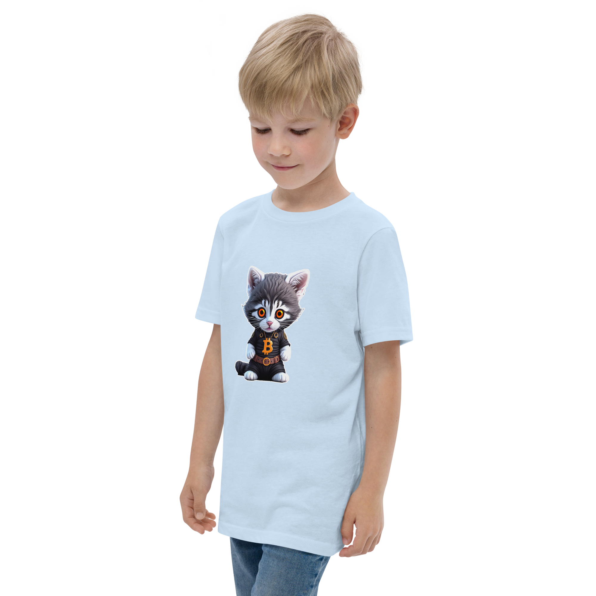 PhilanthroBit's Cool Bitcoin Cat Light Blue Youth jersey t-shirt - left front