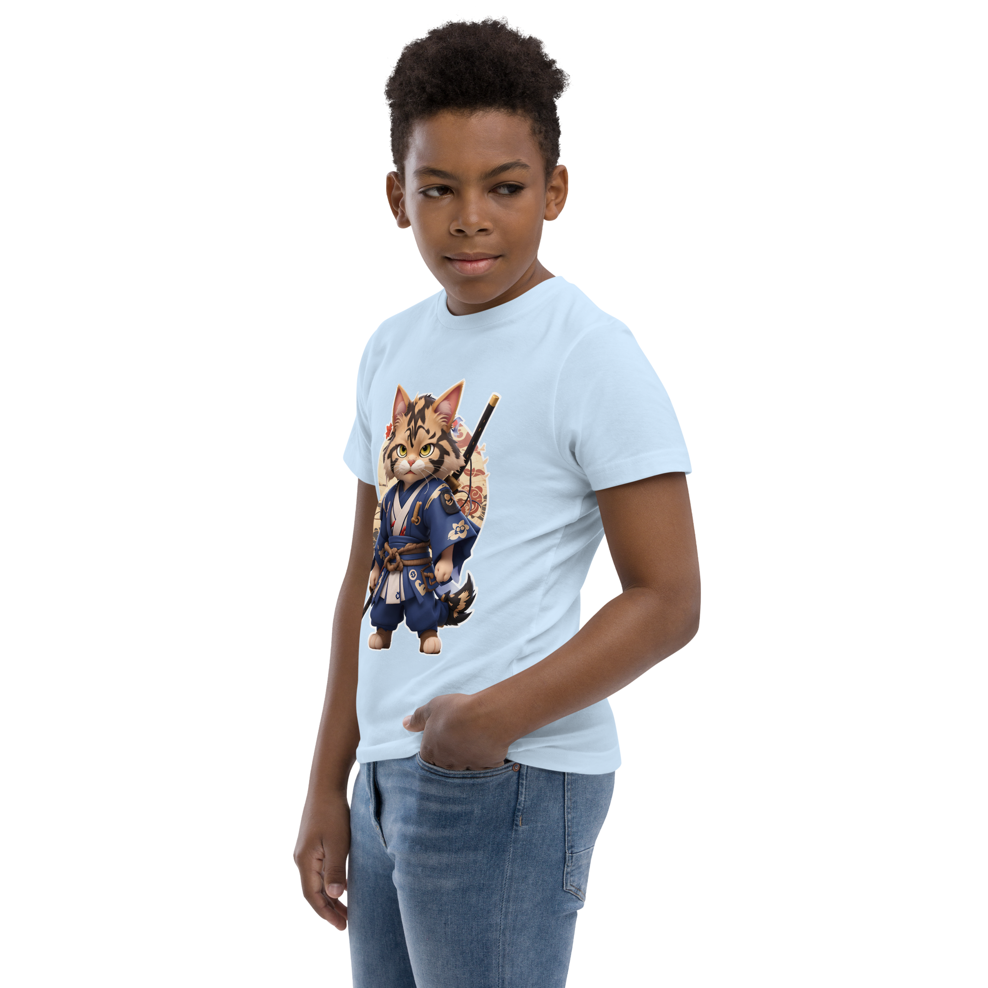 KyoFit Samurai Cat Youth light blue martial arts jersey t-shirt - left front | By PhilanthroBit