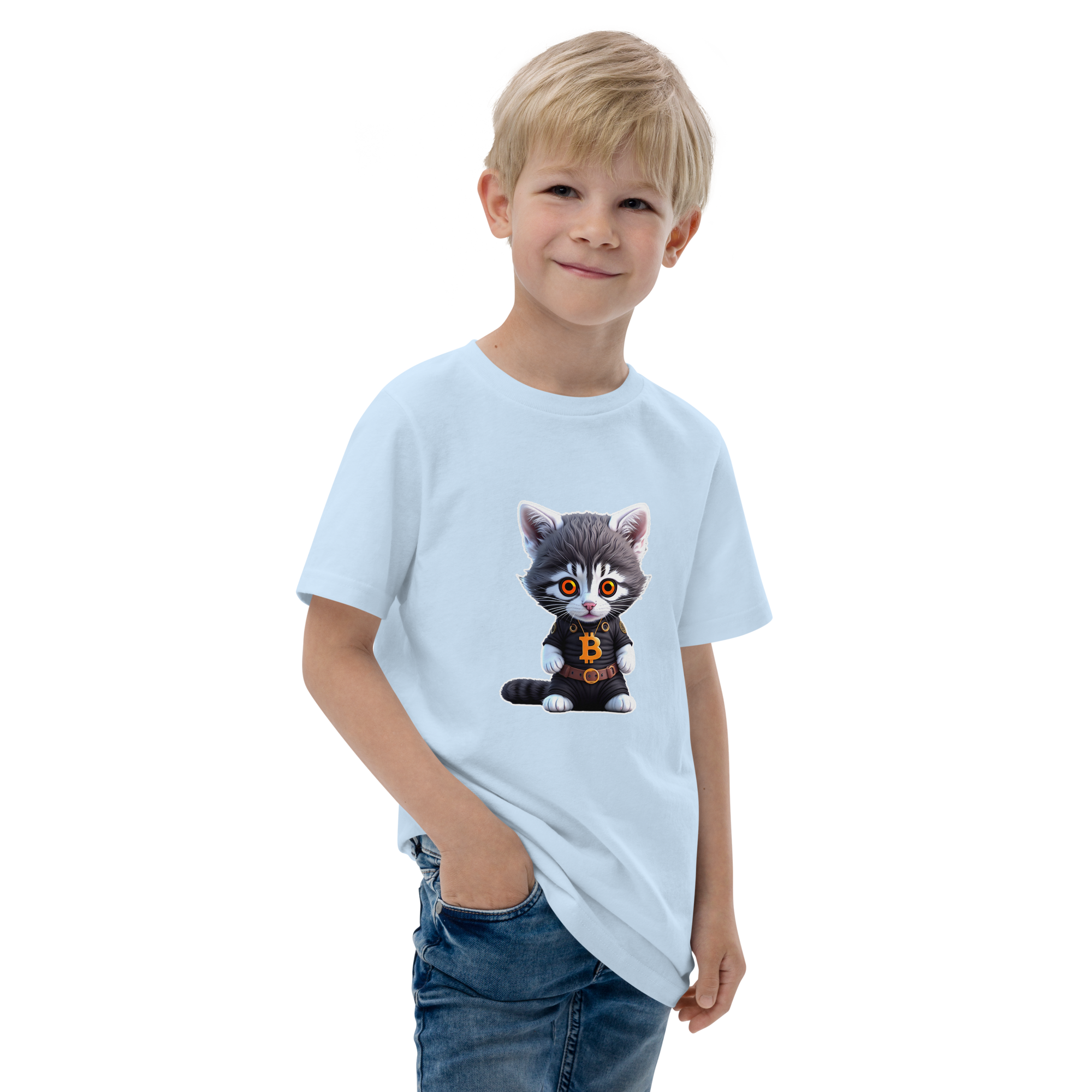 PhilanthroBit's Cool Bitcoin Cat Light Blue Youth jersey t-shirt - right front