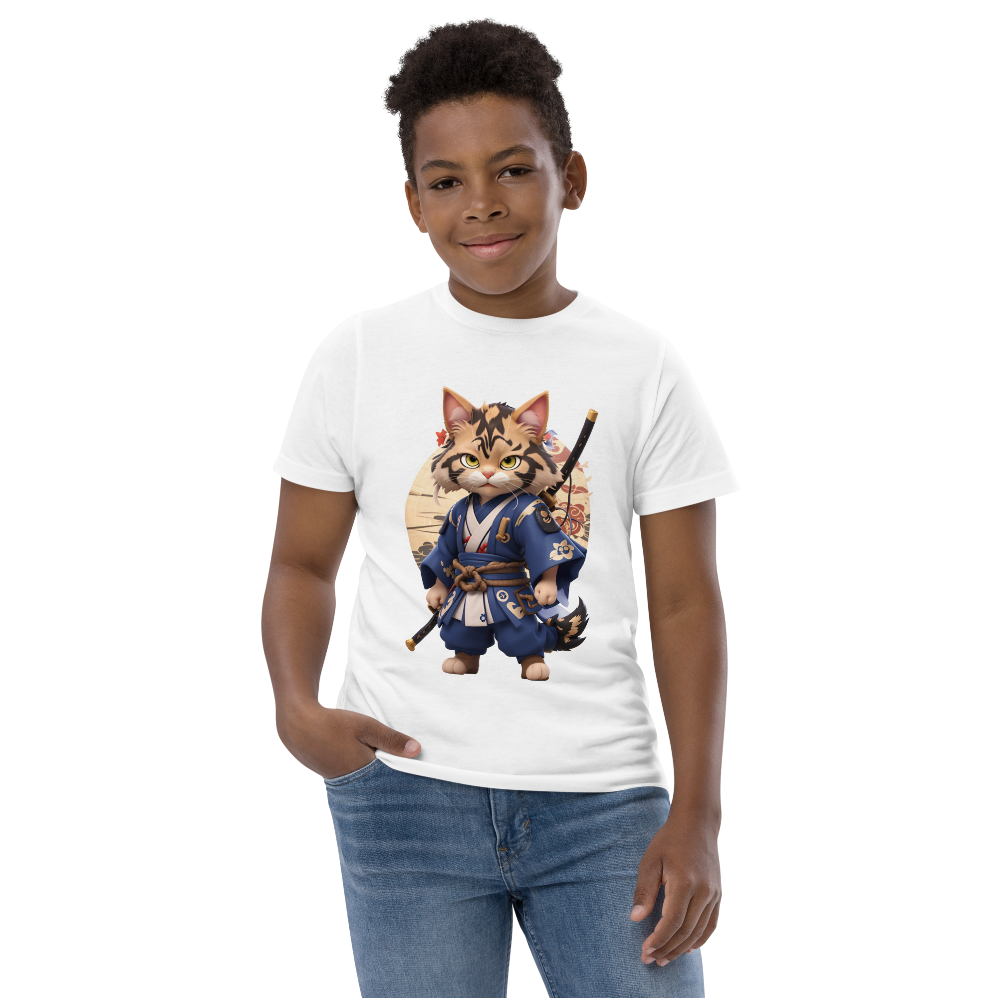 KyoFit Samurai Cat Youth white martial arts jersey t-shirt - front 2 | By PhilanthroBit