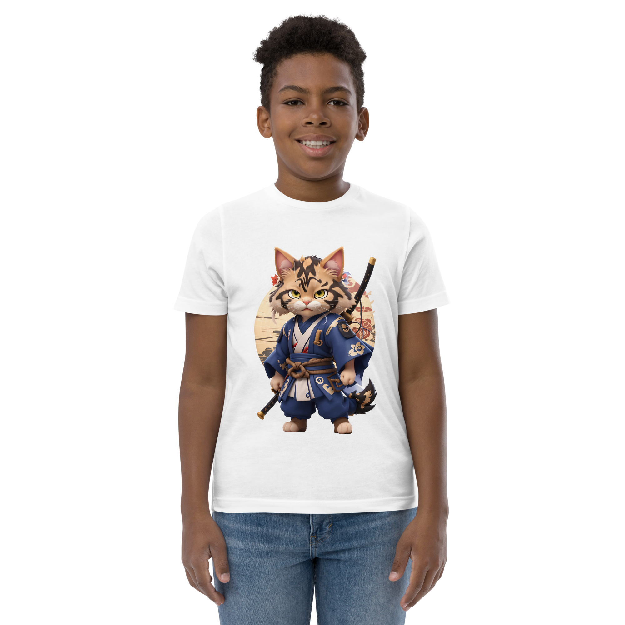 KyoFit Samurai Cat Youth white martial arts jersey t-shirt - front | By PhilanthroBit