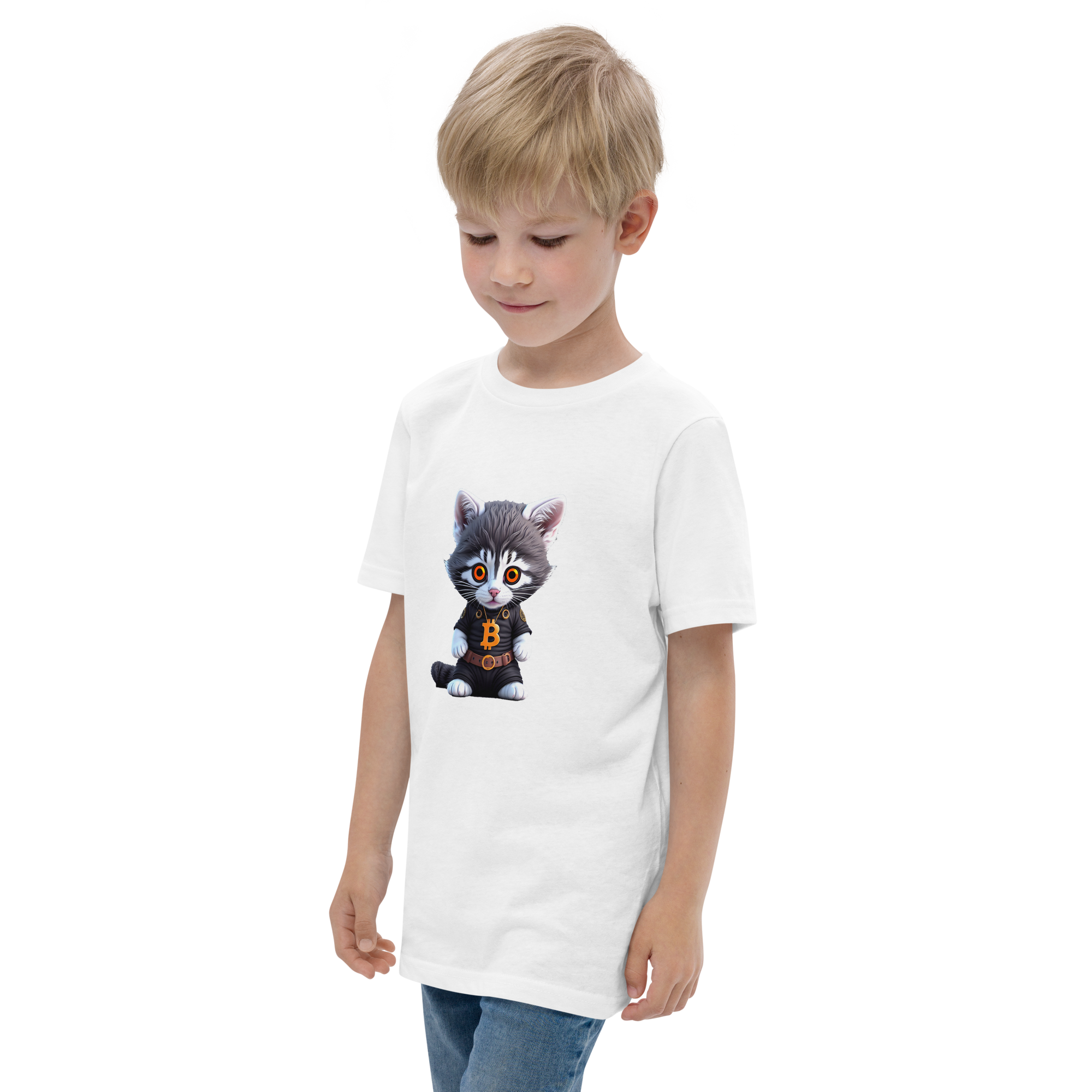 PhilanthroBit's Cool Bitcoin Cat White Youth jersey t-shirt - left front