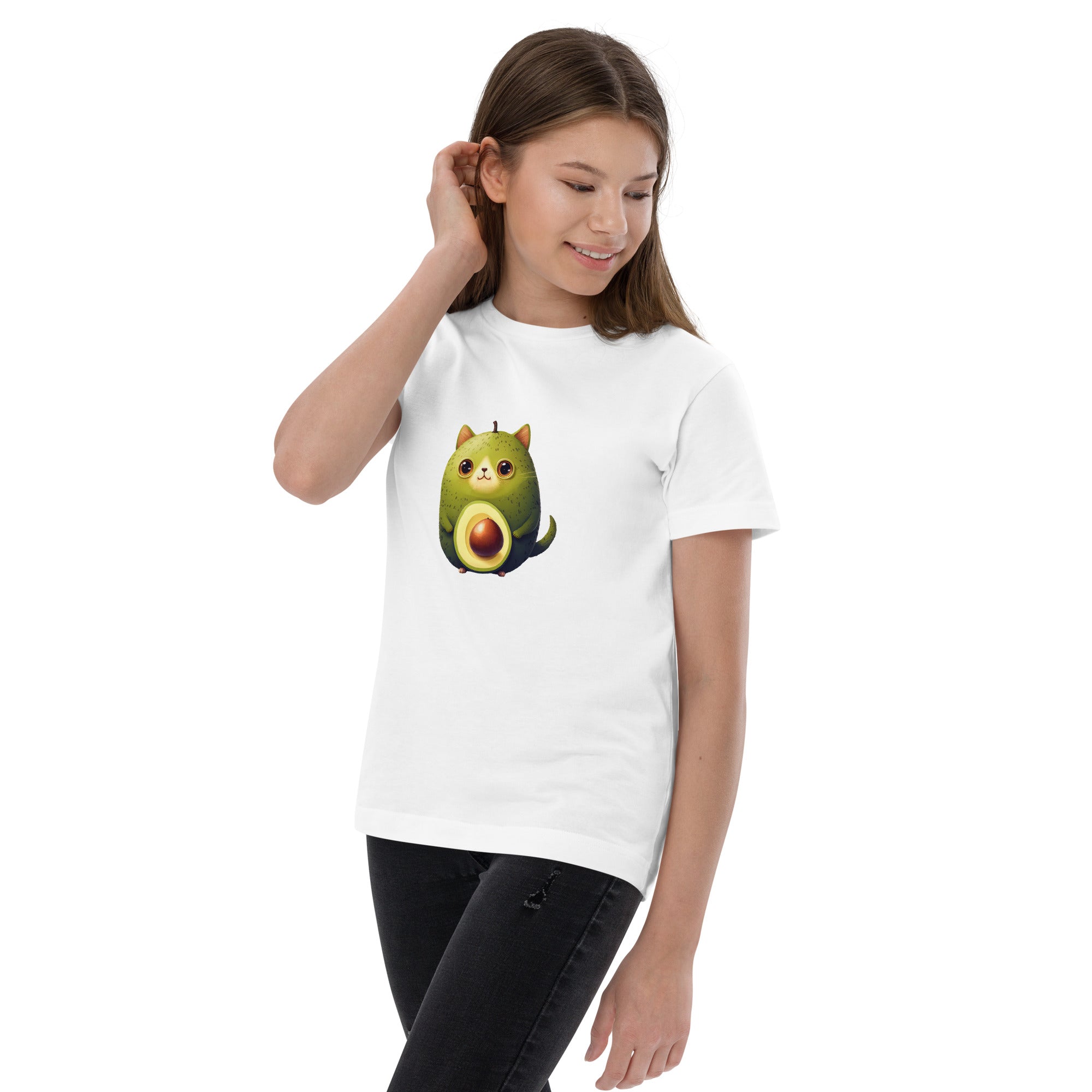 PhilanthroBit's Adorable Avocat (avocado cat) White Youth jersey t-shirt - left front