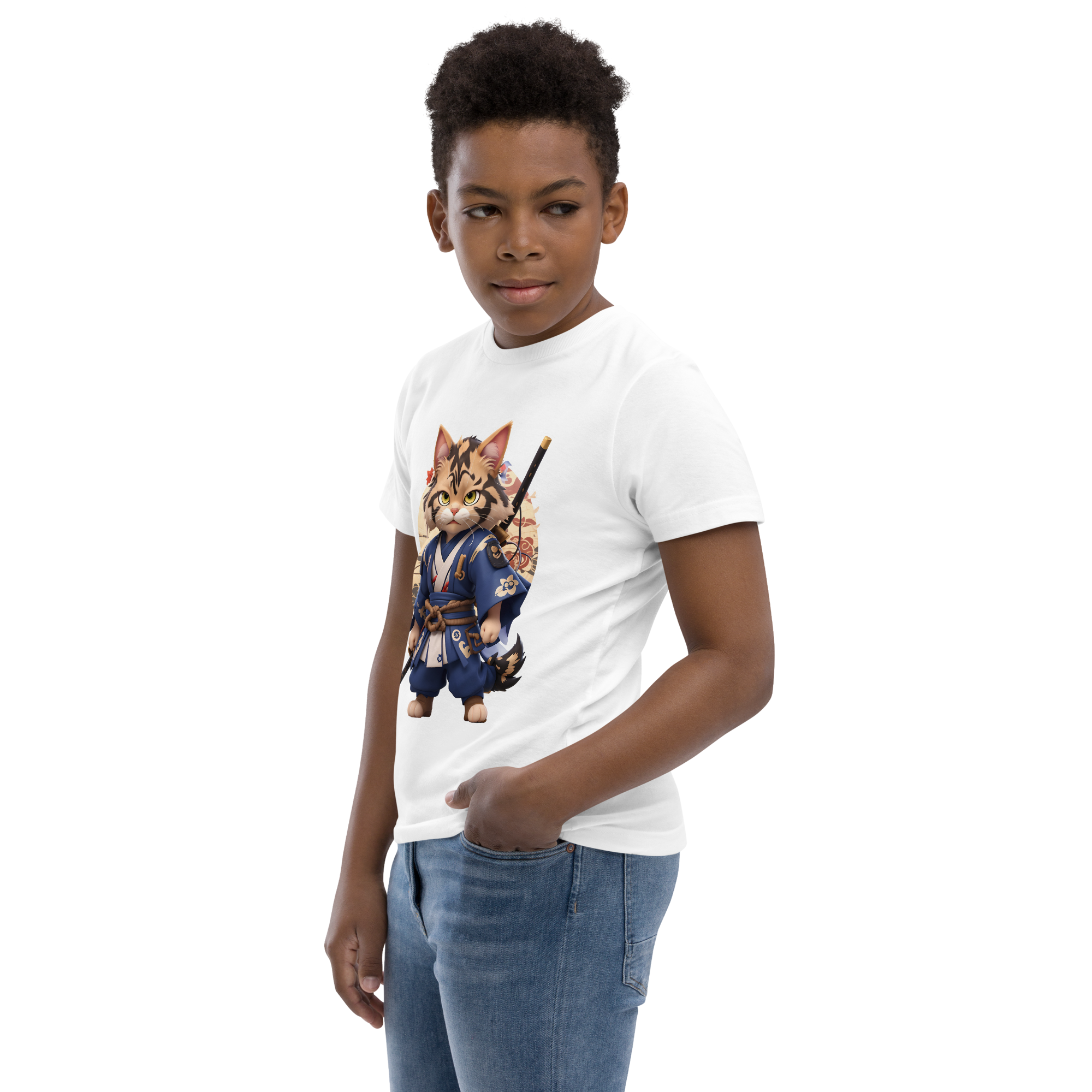 KyoFit Samurai Cat Youth white martial arts jersey t-shirt - left front | By PhilanthroBit