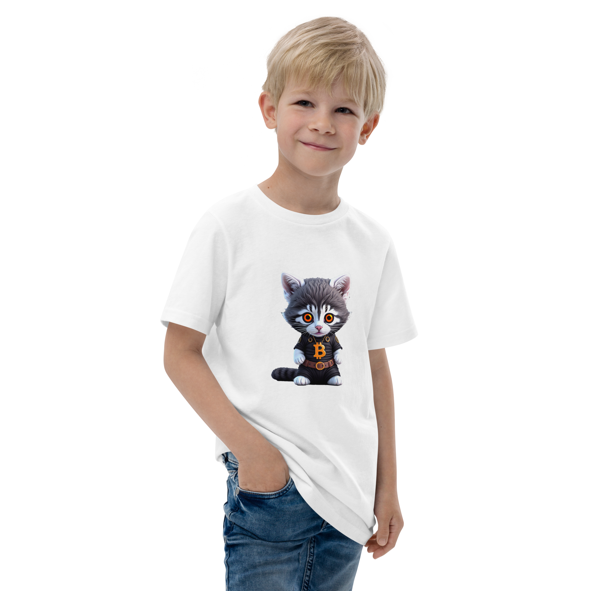 PhilanthroBit's Cool Bitcoin Cat White Youth jersey t-shirt - front 2