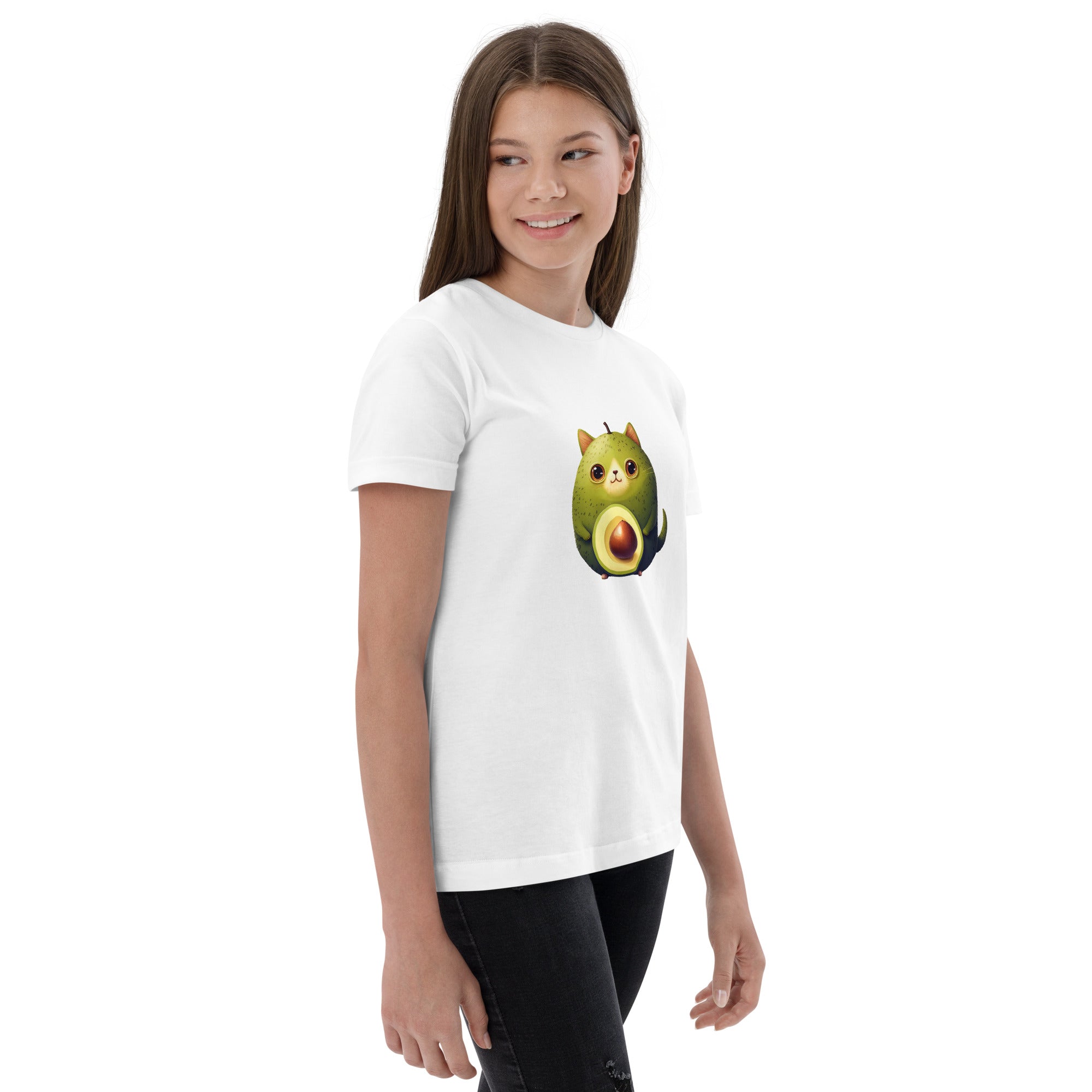 PhilanthroBit's Adorable Avocat (avocado cat) White Youth jersey t-shirt - right front