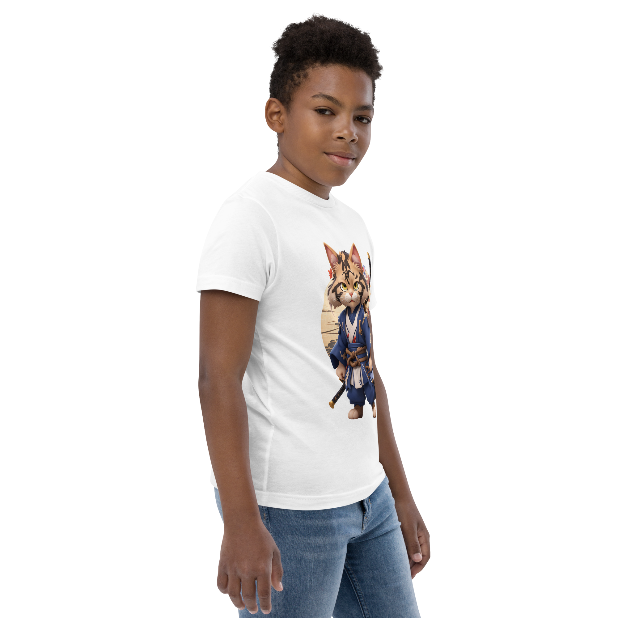 KyoFit Samurai Cat Youth white martial arts jersey t-shirt - right front | By PhilanthroBit