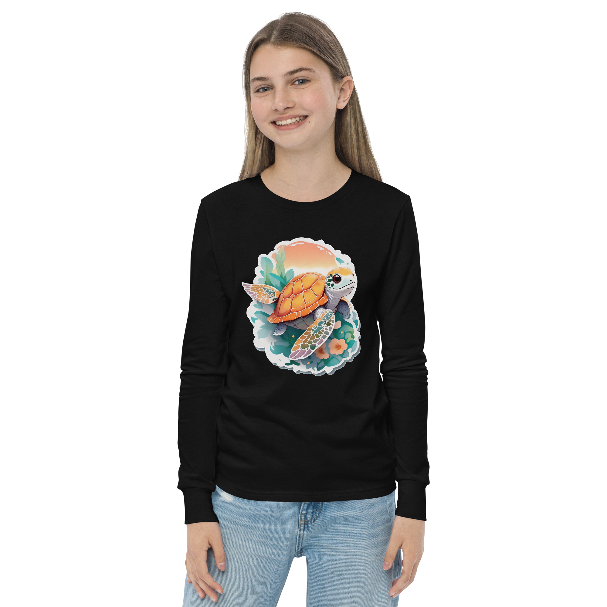 PhilanthroBit's Adorable Sea Turtle Youth black long sleeve shirt - front 2