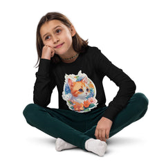 PhilanthroBit's Adorable Kitten with Flowers Youth black long sleeve tee shirt - front 2