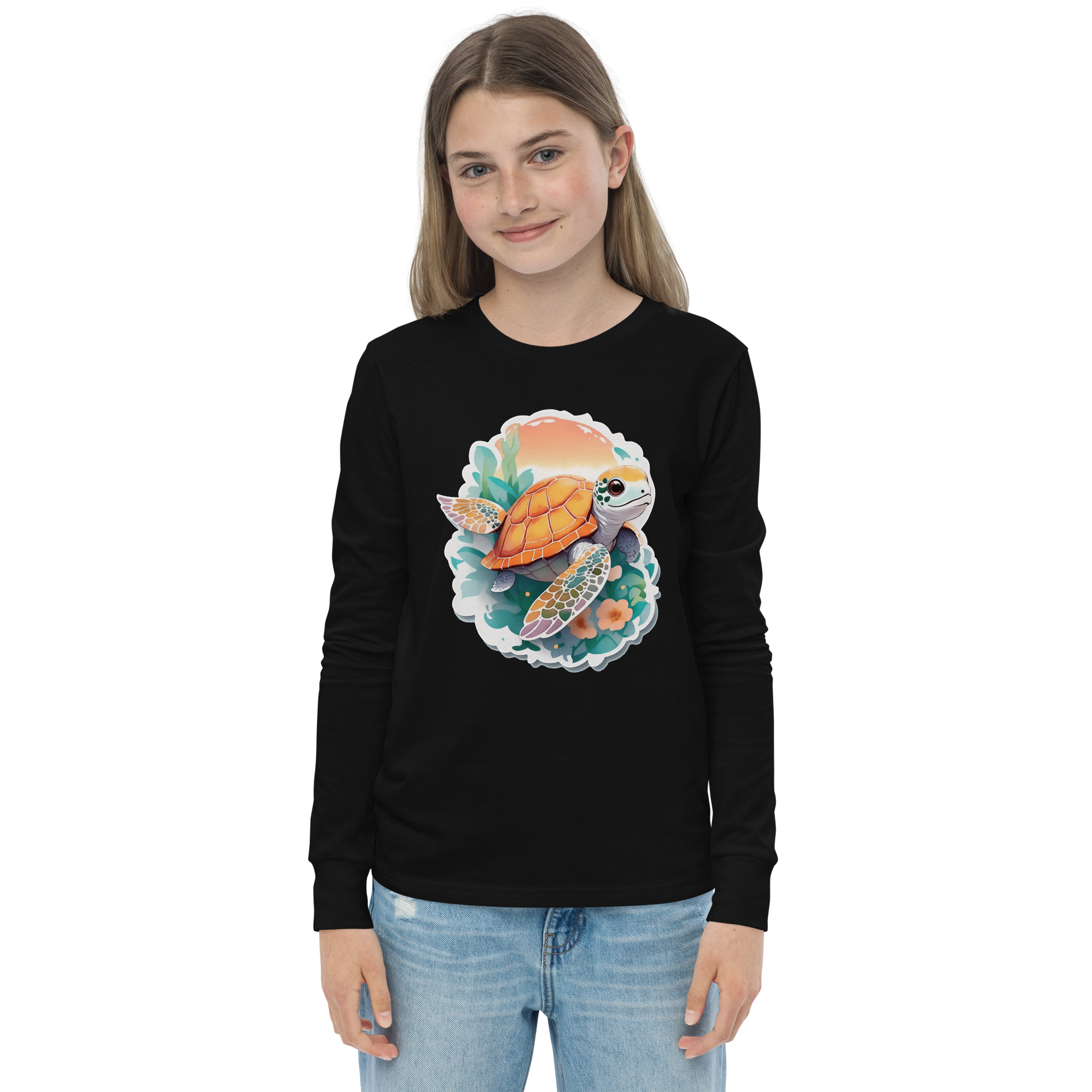 PhilanthroBit's Adorable Sea Turtle Youth black long sleeve shirt - front