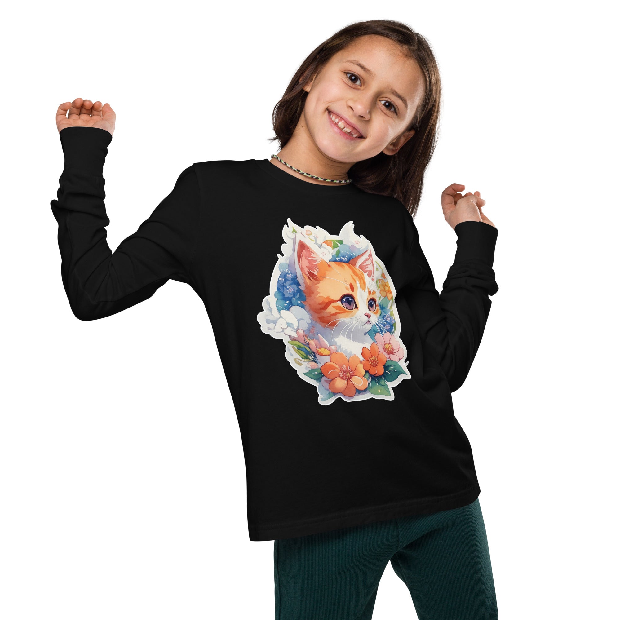 PhilanthroBit's Adorable Kitten with Flowers Youth black long sleeve tee shirt - front