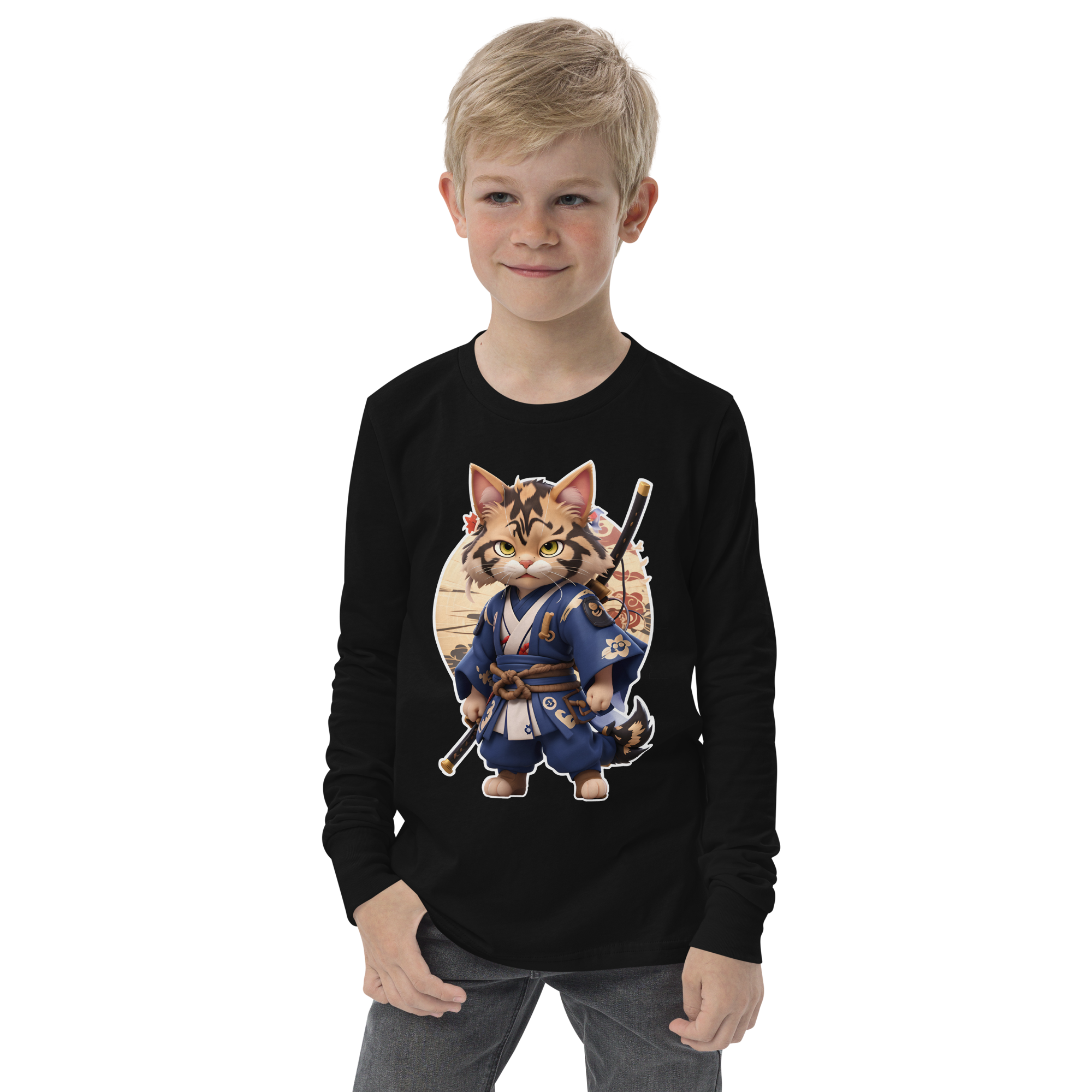 KyoFit Samurai Warrior Cat Youth martial arts themed black long sleeve tee - front | By PhilanthroBit