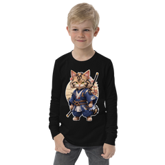 KyoFit Samurai Warrior Cat Youth martial arts themed black long sleeve tee - front | By PhilanthroBit