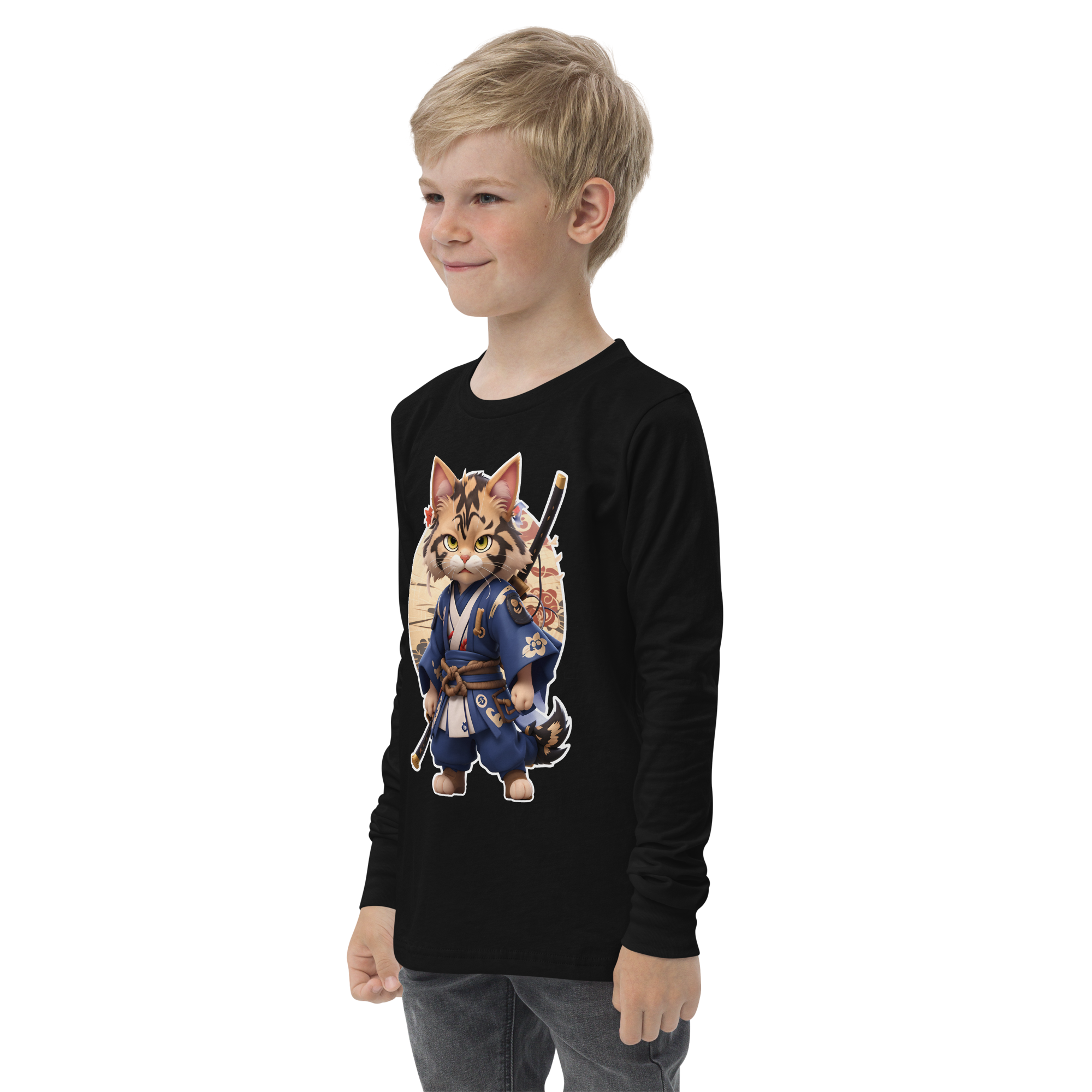 KyoFit Samurai Warrior Cat Youth martial arts themed black long sleeve tee - left front | By PhilanthroBit