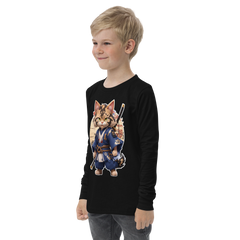 KyoFit Samurai Warrior Cat Youth martial arts themed black long sleeve tee - left front | By PhilanthroBit