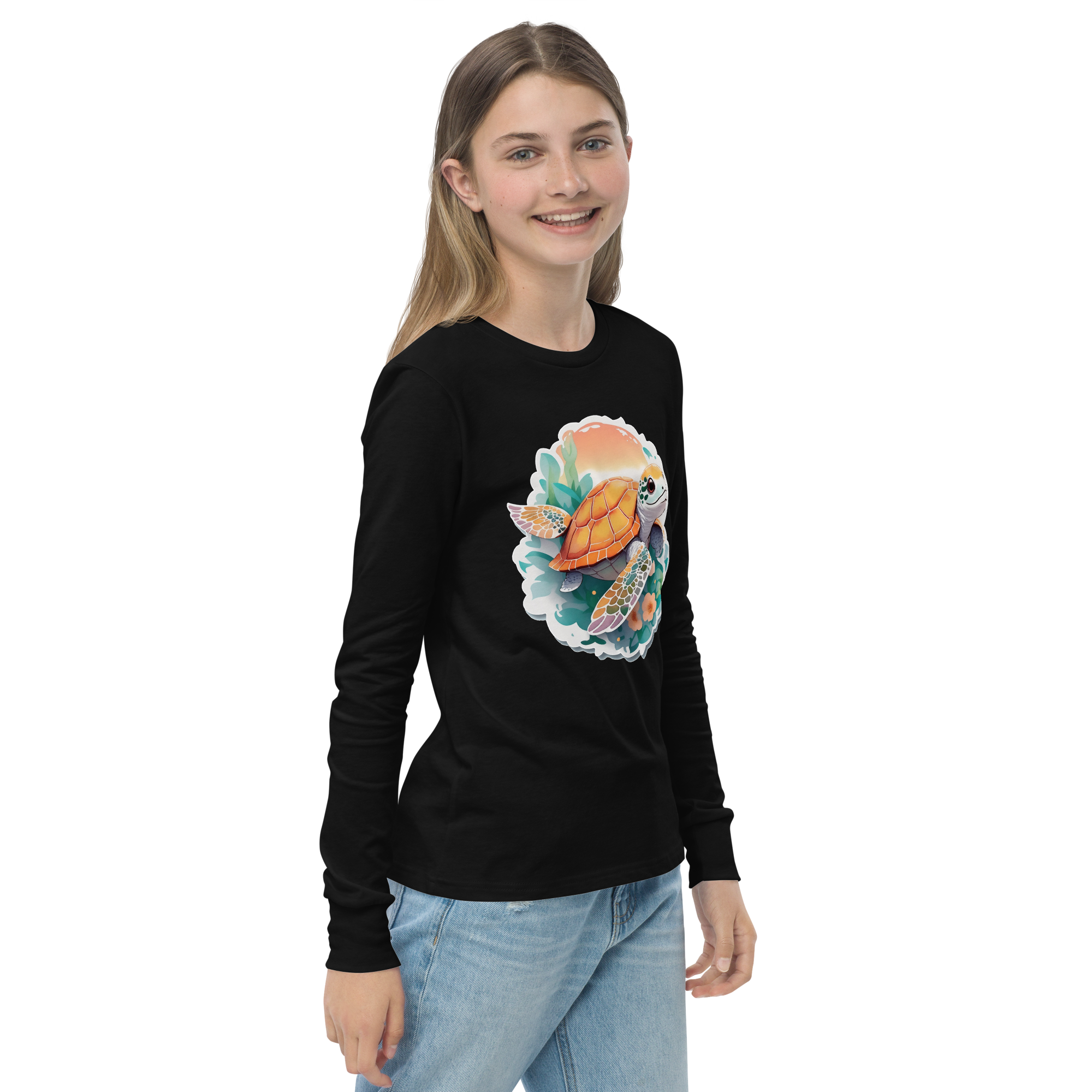 PhilanthroBit's Adorable Sea Turtle Youth black long sleeve shirt - right front