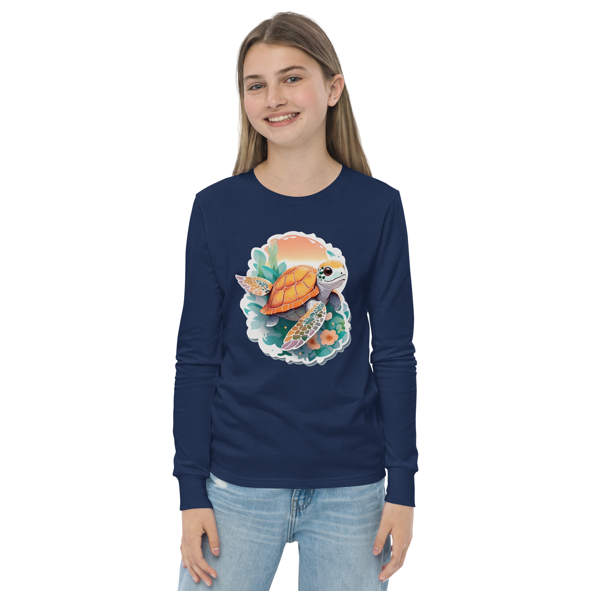 PhilanthroBit's Adorable Sea Turtle Youth navy blue long sleeve shirt - front 2