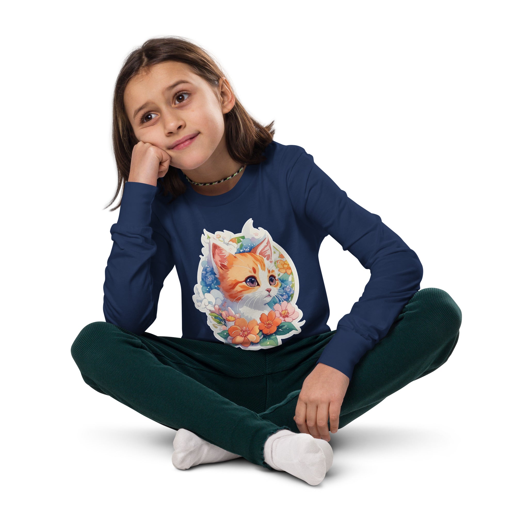 PhilanthroBit's Adorable Kitten with Flowers Youth navy blue long sleeve tee shirt - front 2