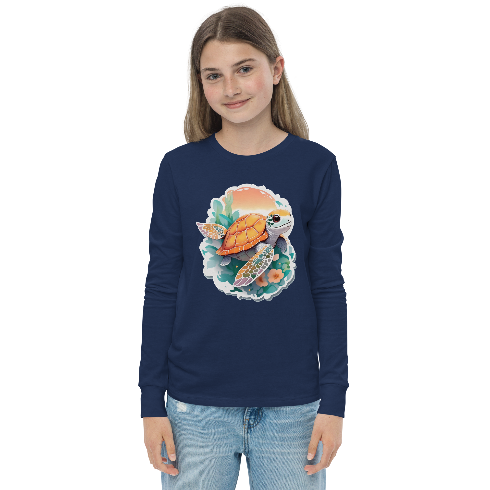 PhilanthroBit's Adorable Sea Turtle Youth navy blue long sleeve shirt - front