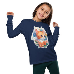 PhilanthroBit's Adorable Kitten with Flowers Youth navy blue long sleeve tee shirt - front