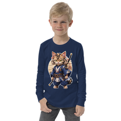 KyoFit Samurai Warrior Cat Youth martial arts themed navy blue long sleeve tee - front | By PhilanthroBit