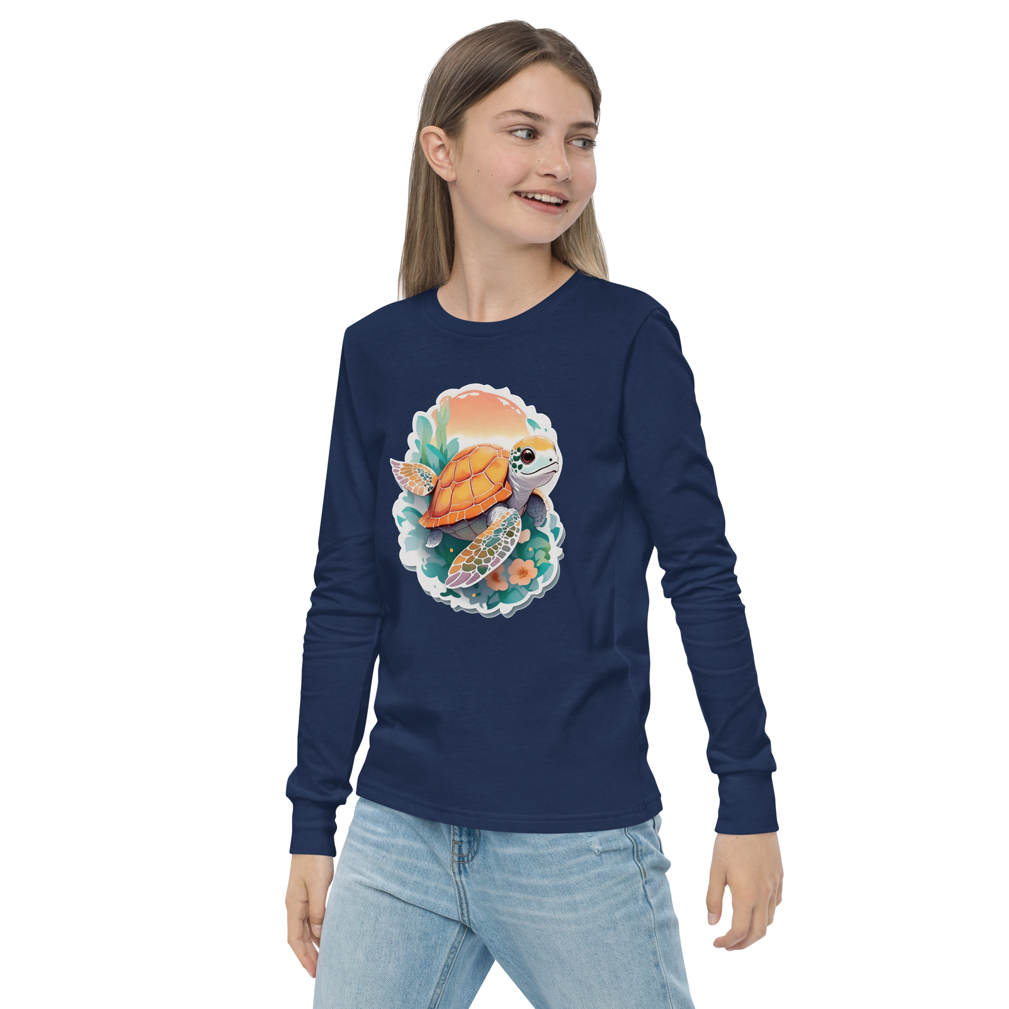 PhilanthroBit's Adorable Sea Turtle Youth navy blue long sleeve shirt - left front