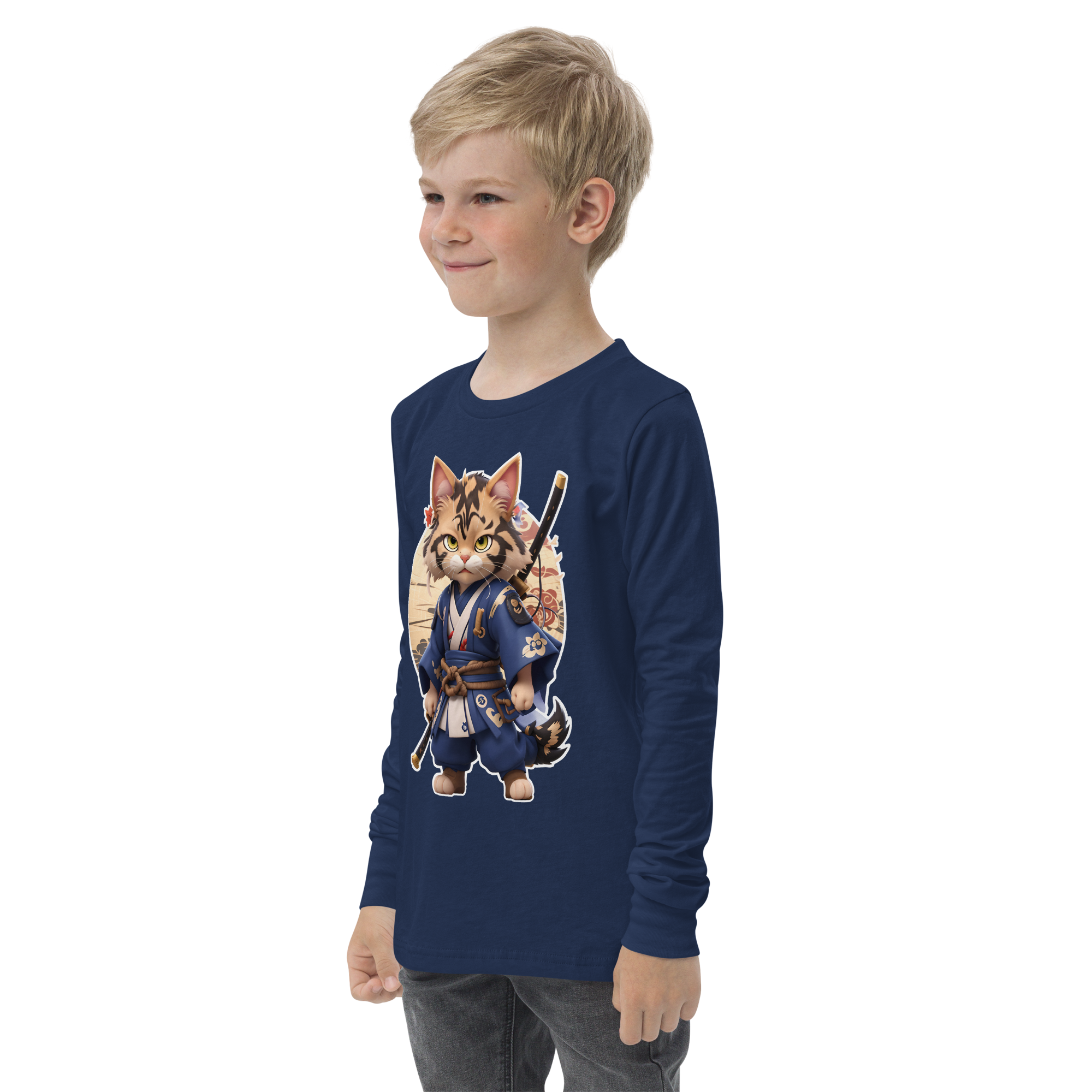 KyoFit Samurai Warrior Cat Youth martial arts themed navy blue long sleeve tee - left front | By PhilanthroBit