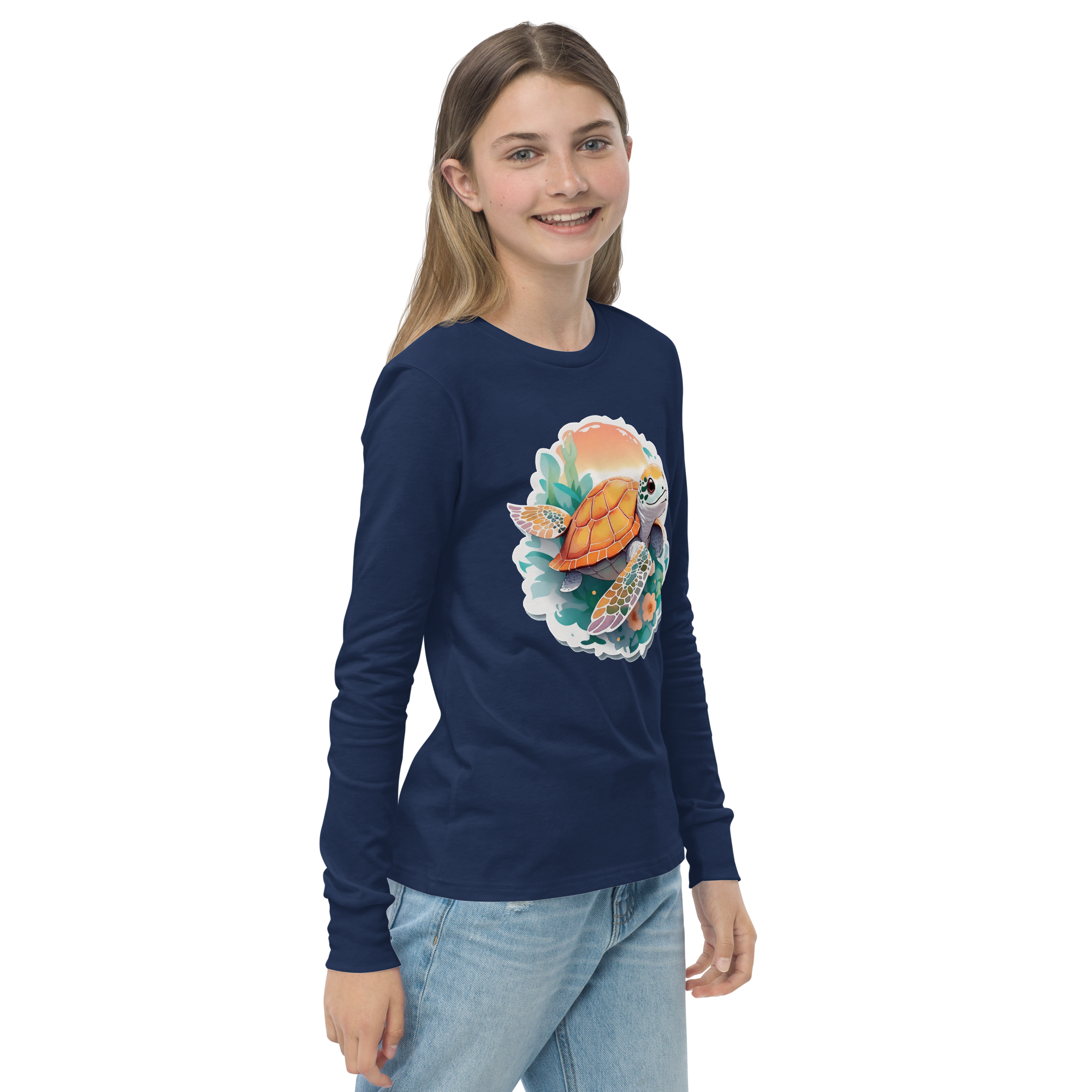 PhilanthroBit's Adorable Sea Turtle Youth navy blue long sleeve shirt - right front