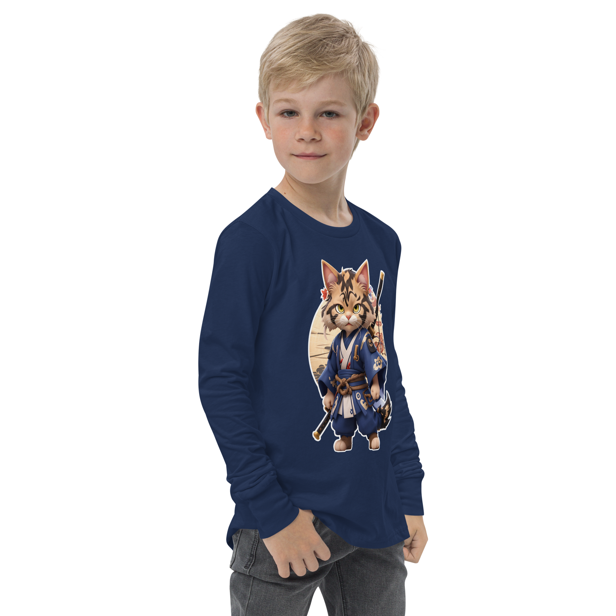 KyoFit Samurai Warrior Cat Youth martial arts themed navy blue long sleeve tee - right front | By PhilanthroBit