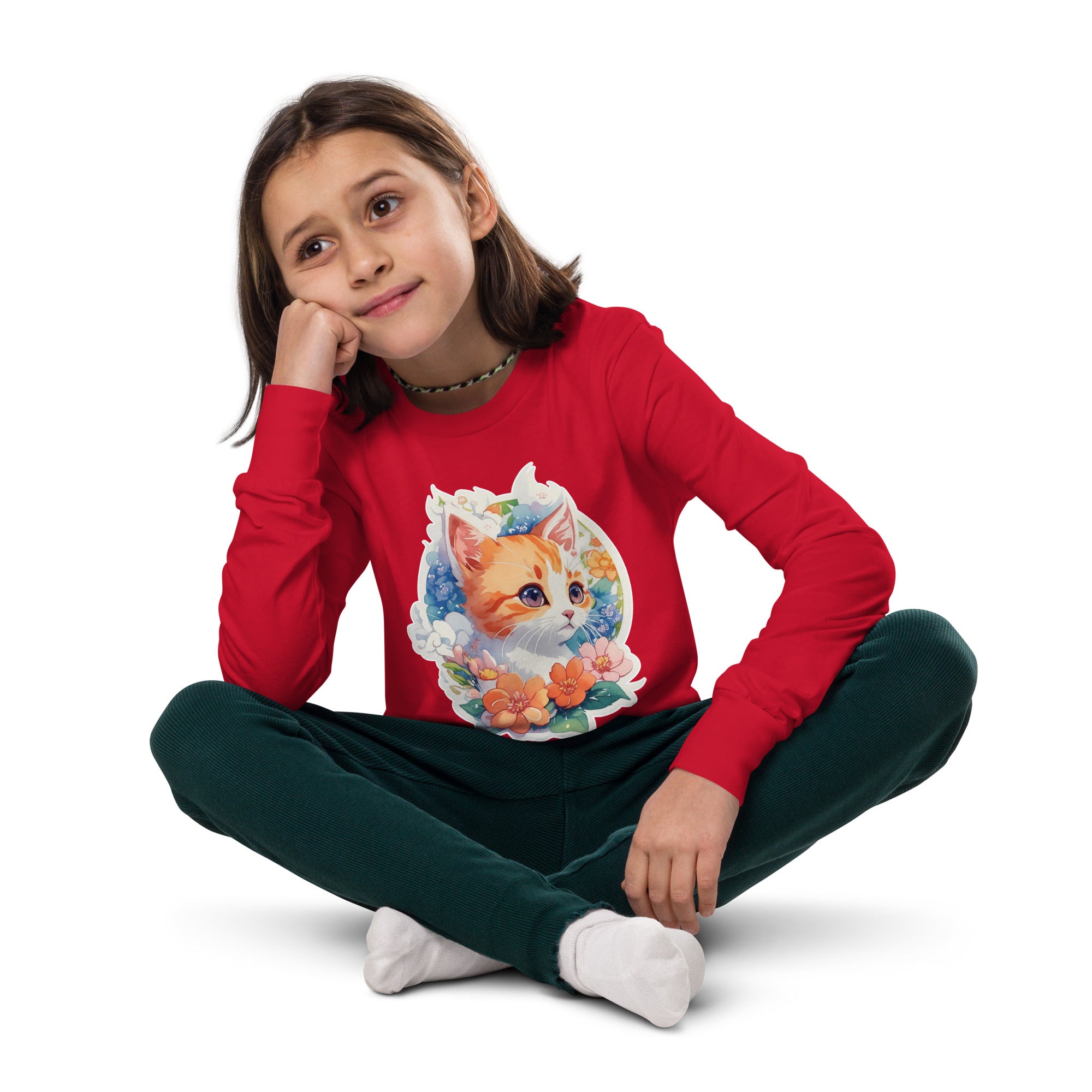 PhilanthroBit's Adorable Kitten with Flowers Youth red long sleeve tee shirt - front 2