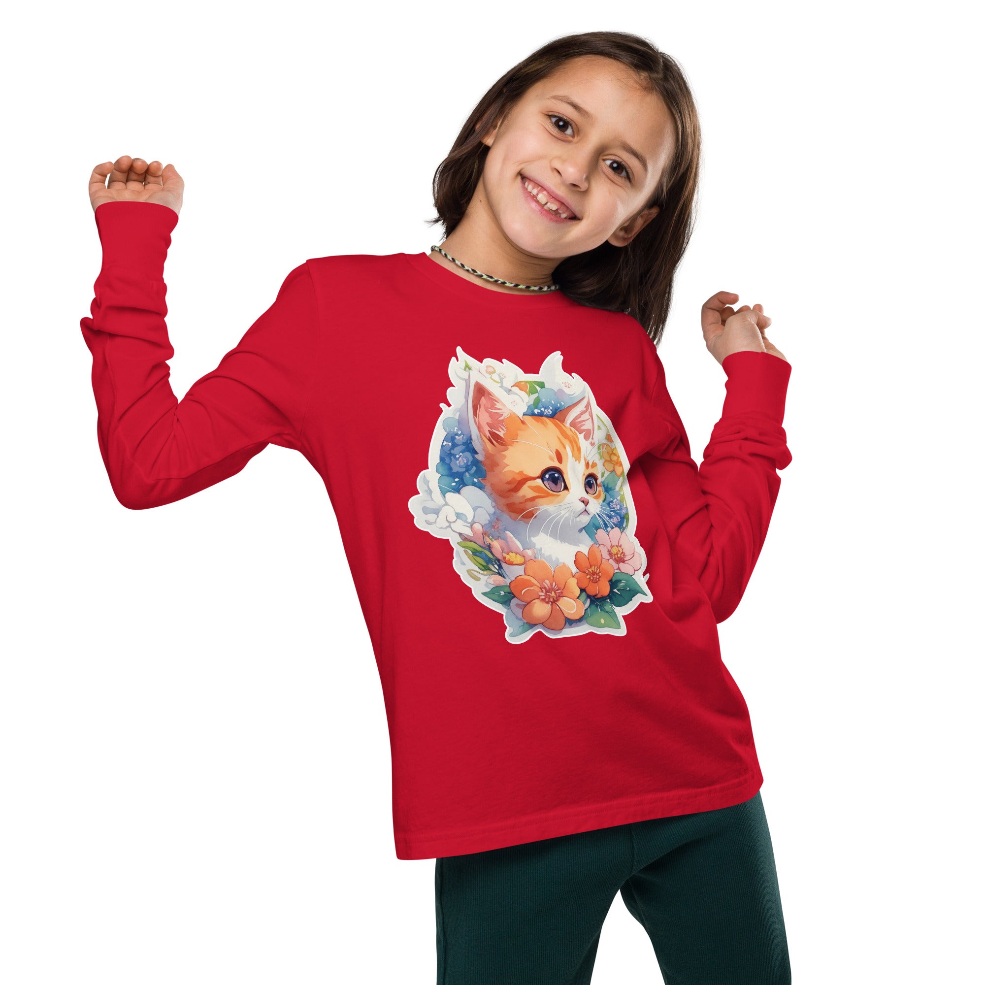 PhilanthroBit's Adorable Kitten with Flowers Youth red long sleeve tee shirt - front