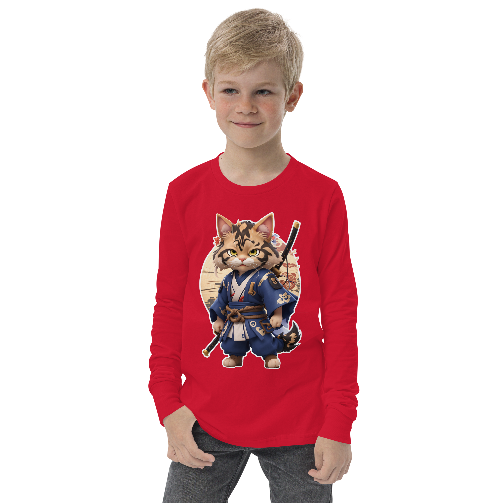 KyoFit Samurai Warrior Cat Youth martial arts themed red long sleeve tee - front | By PhilanthroBit