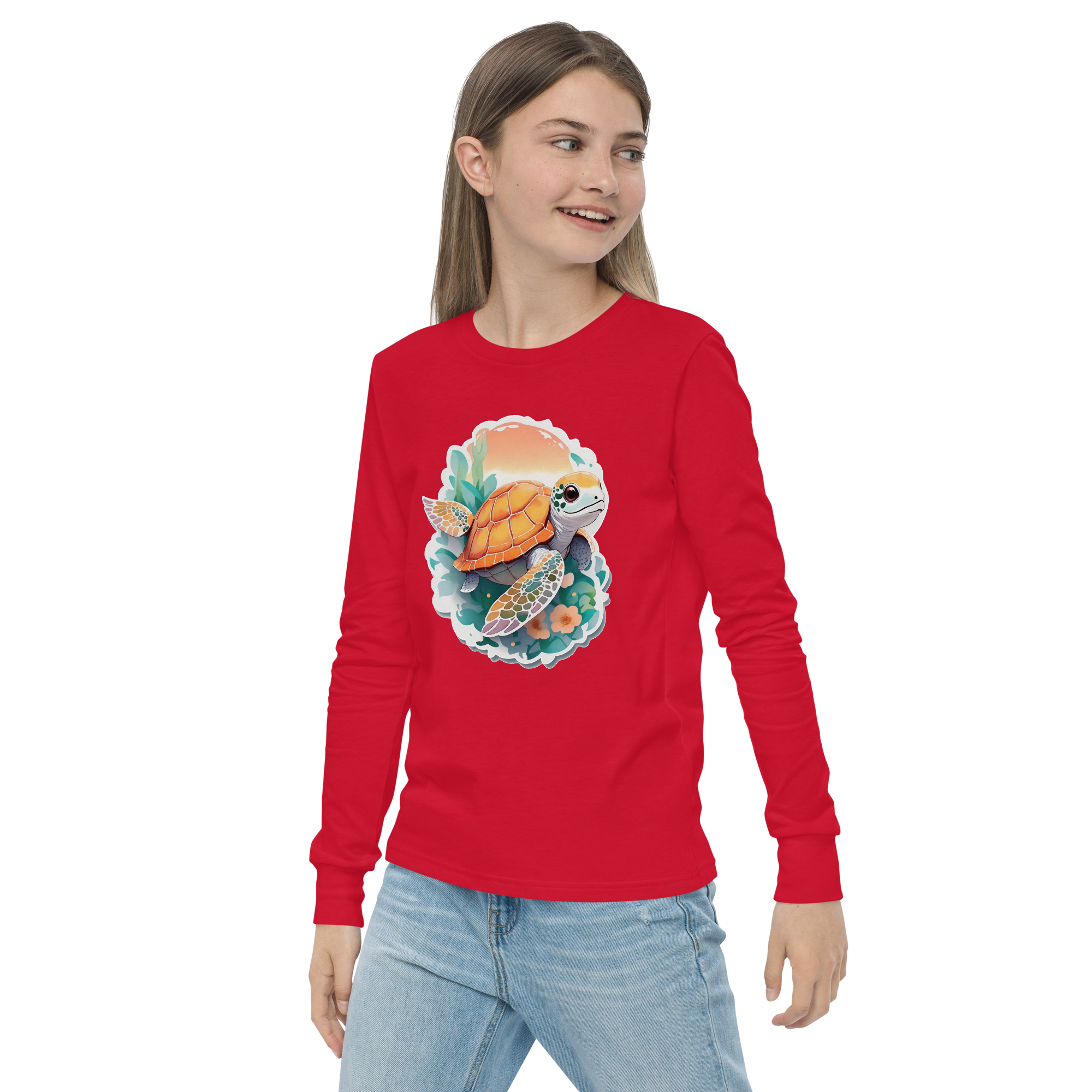 PhilanthroBit's Adorable Sea Turtle Youth red long sleeve shirt - left front