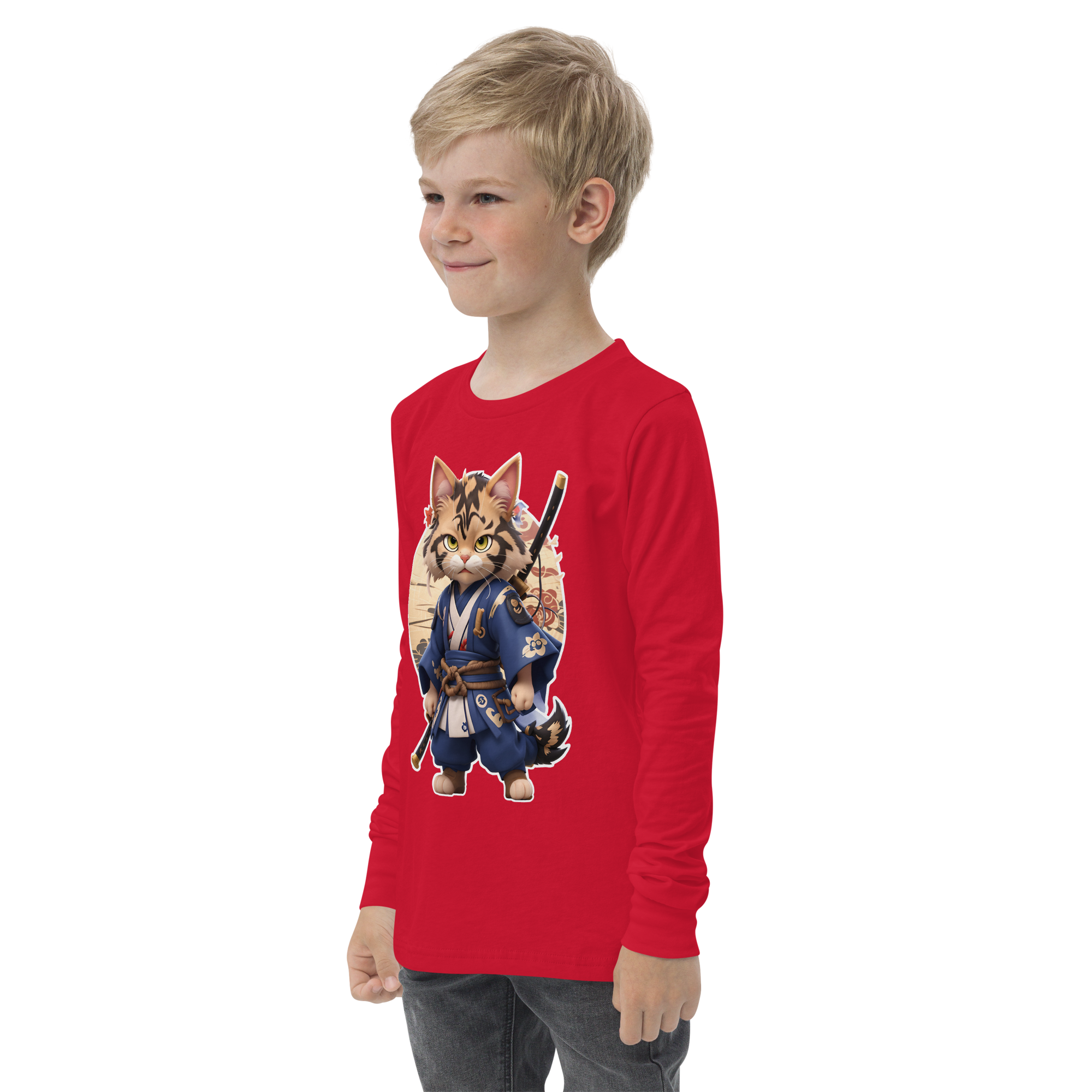 KyoFit Samurai Warrior Cat Youth martial arts themed red long sleeve tee - left front | By PhilanthroBit