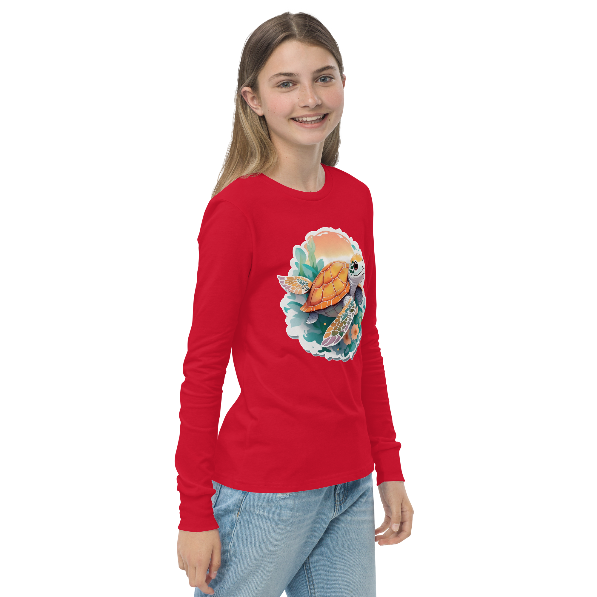 PhilanthroBit's Adorable Sea Turtle Youth red long sleeve shirt - right front