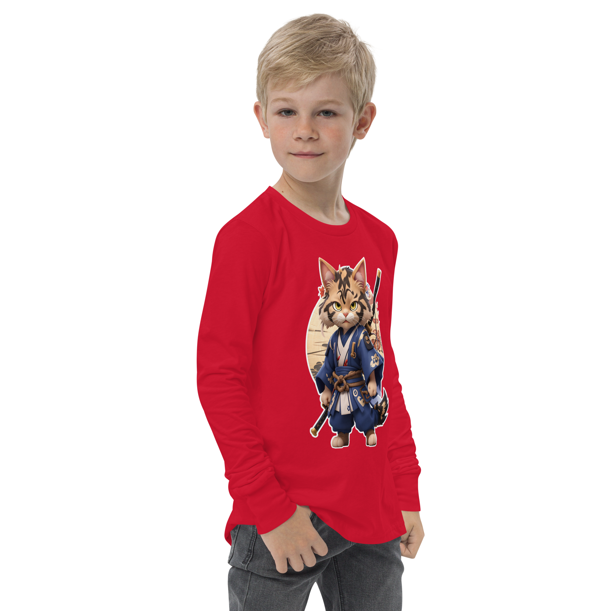 KyoFit Samurai Warrior Cat Youth martial arts themed red long sleeve tee - right front | By PhilanthroBit