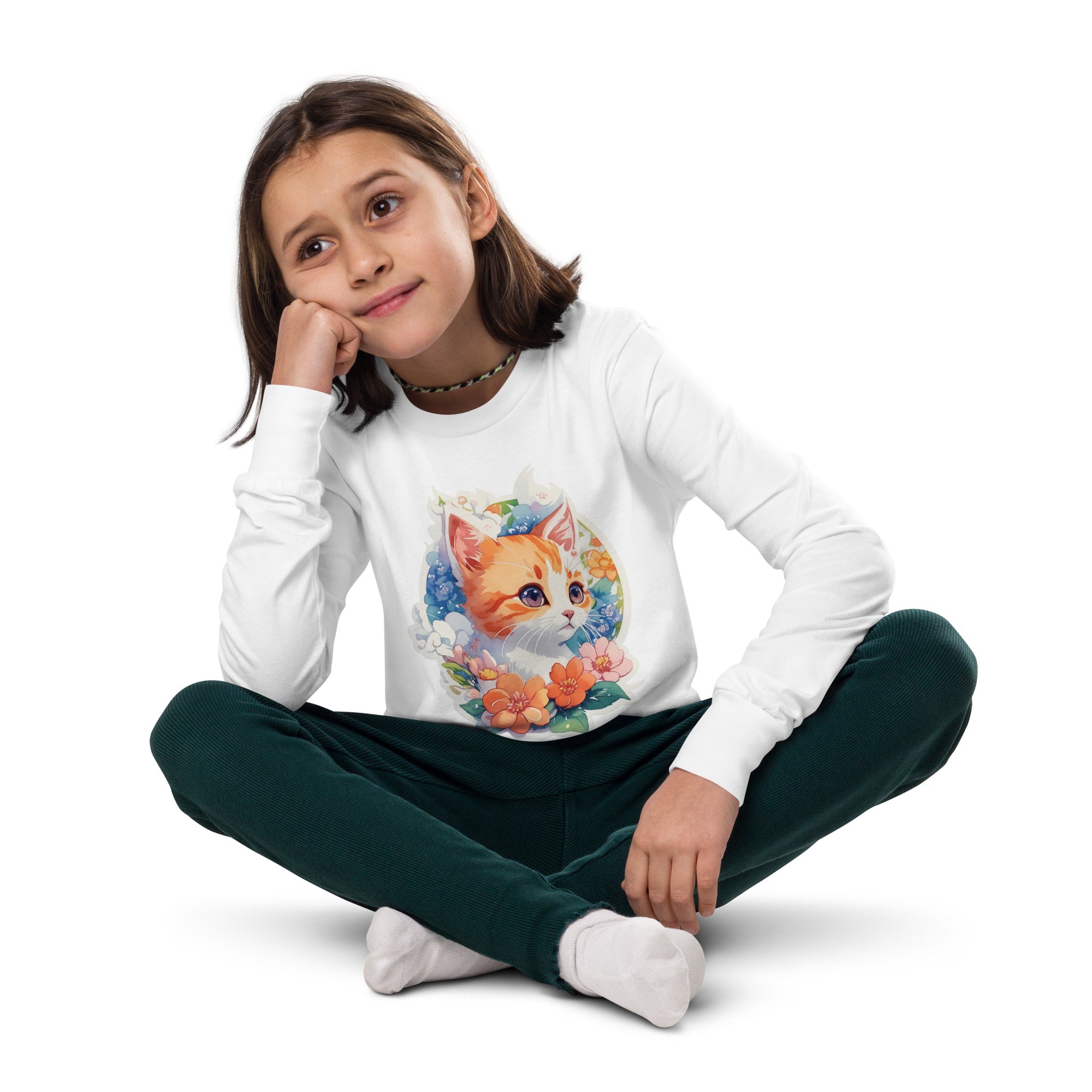 PhilanthroBit's Adorable Kitten with Flowers Youth white long sleeve tee shirt - front 2