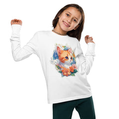 PhilanthroBit's Adorable Kitten with Flowers Youth white long sleeve tee shirt - front