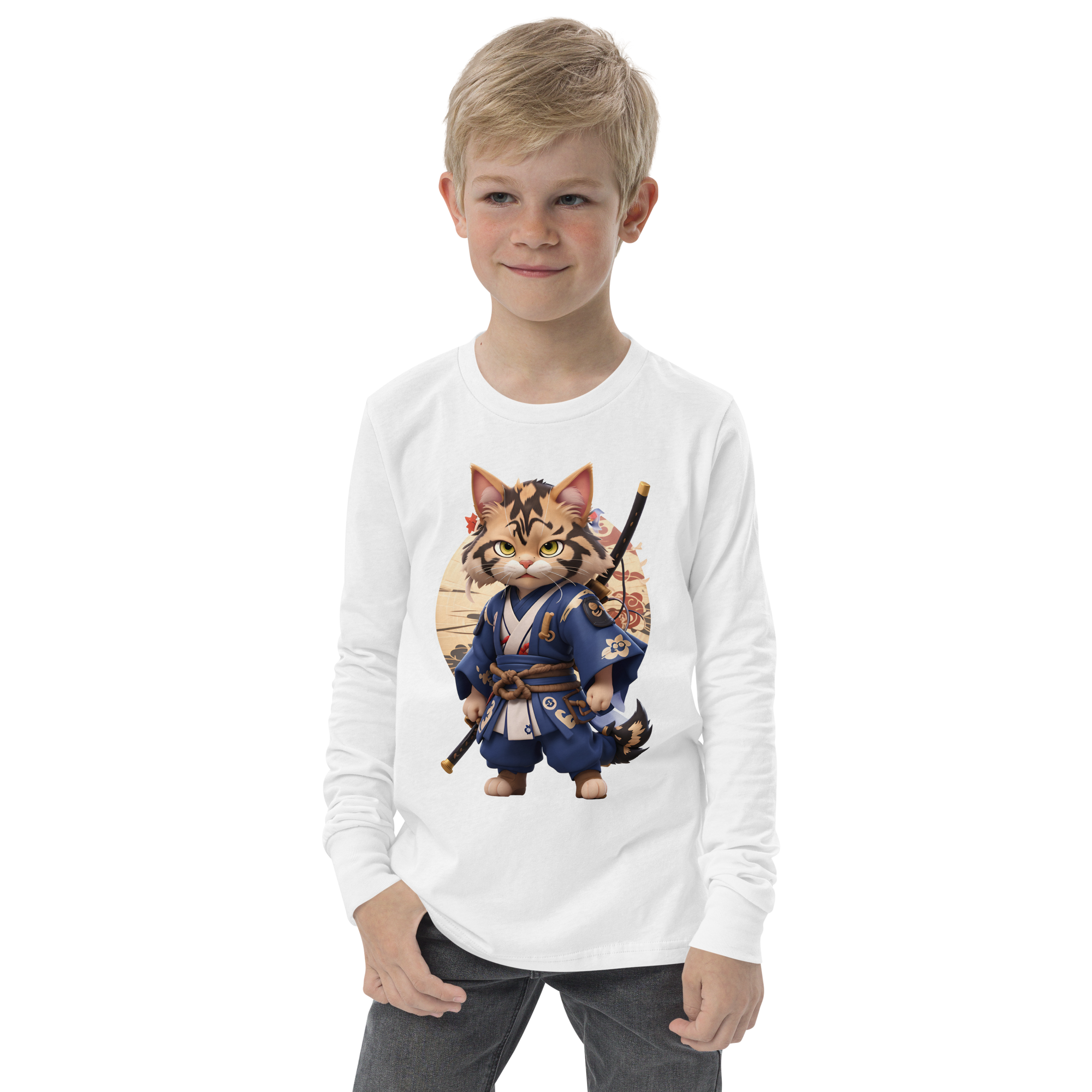 KyoFit Samurai Warrior Cat Youth martial arts themed white long sleeve tee - front | By PhilanthroBit