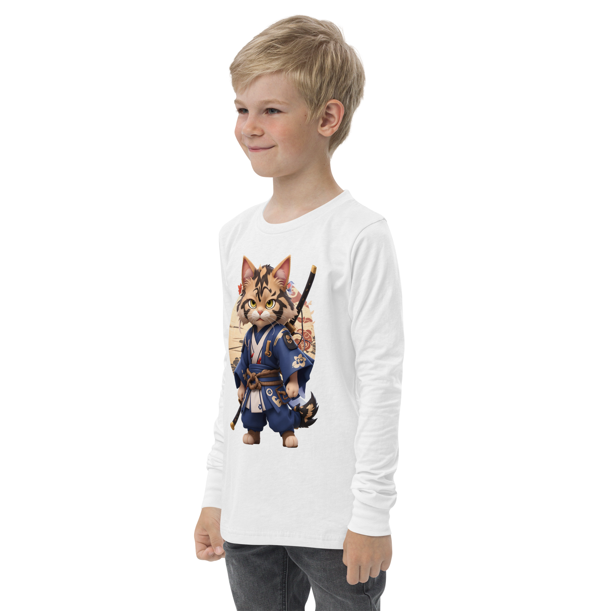 KyoFit Samurai Warrior Cat Youth martial arts themed white long sleeve tee - left front | By PhilanthroBit