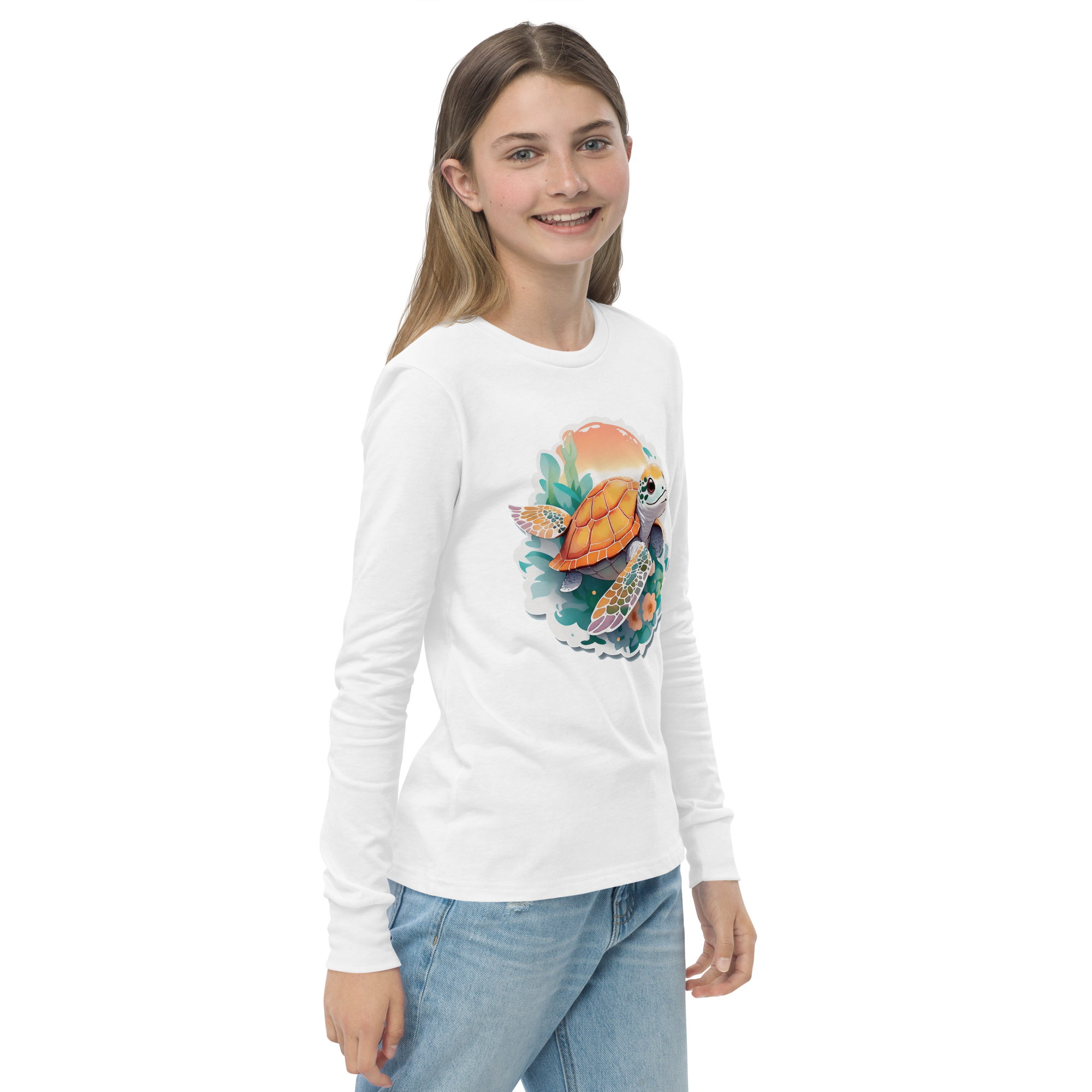 PhilanthroBit's Adorable Sea Turtle Youth white long sleeve shirt - right front