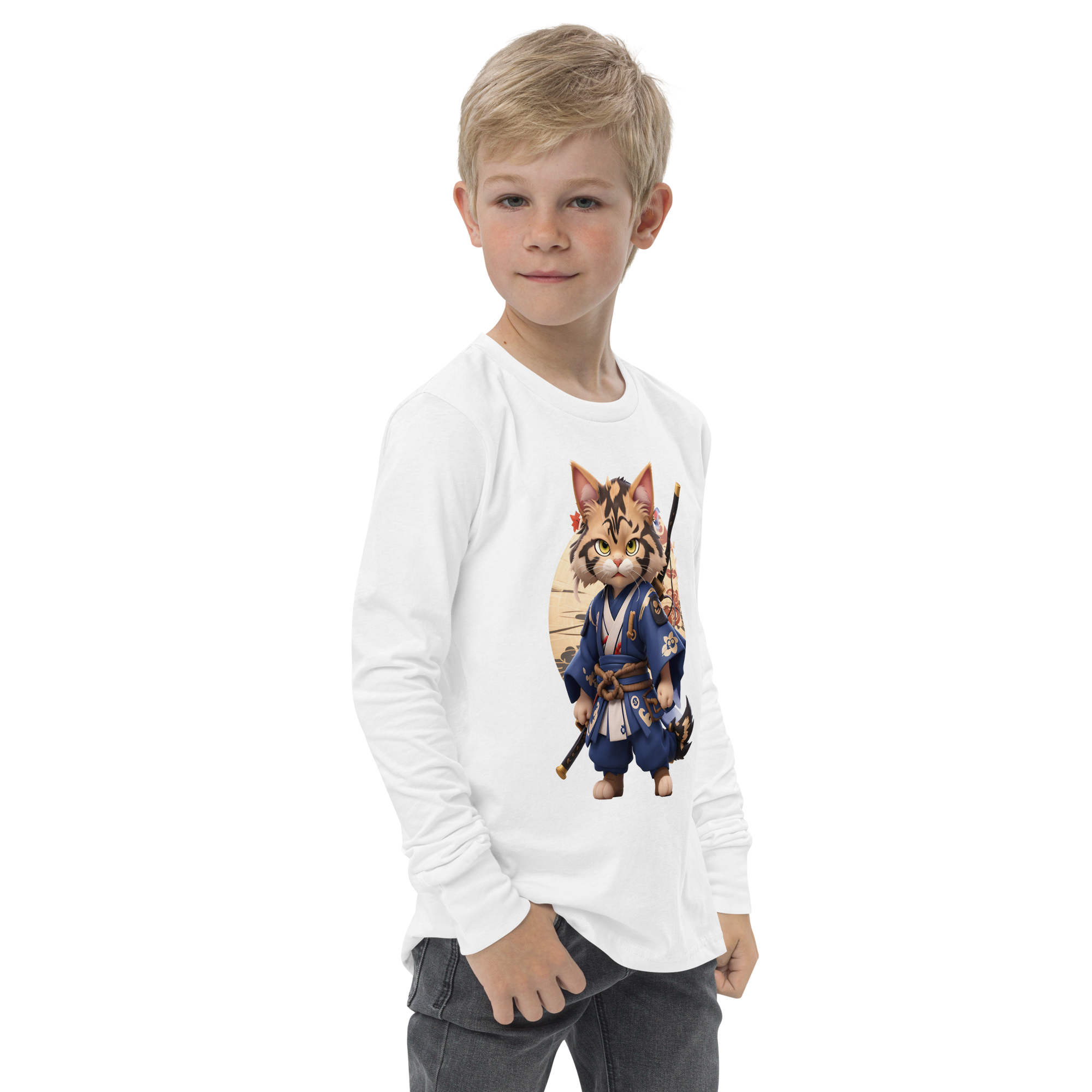 KyoFit Samurai Warrior Cat Youth martial arts themed white long sleeve tee - right front | By PhilanthroBit