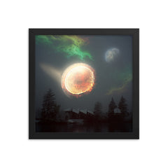 Bitcoin Aurora Framed poster, with green, orange and yellow colors and a full moon,12x12, by PhilanthroBit