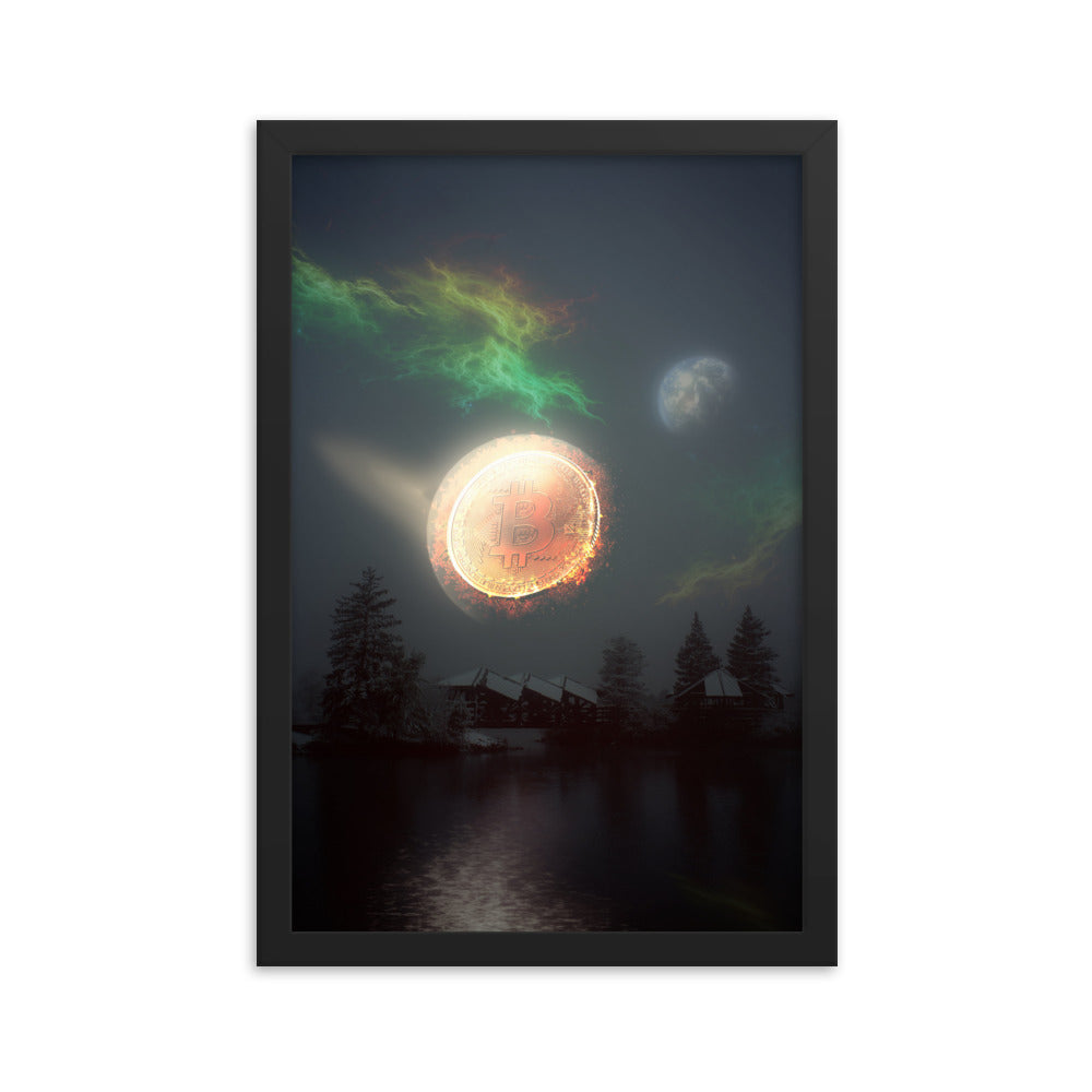 Bitcoin Aurora Framed poster, with green, orange and yellow colors and a full moon, 12x18, by PhilanthroBit