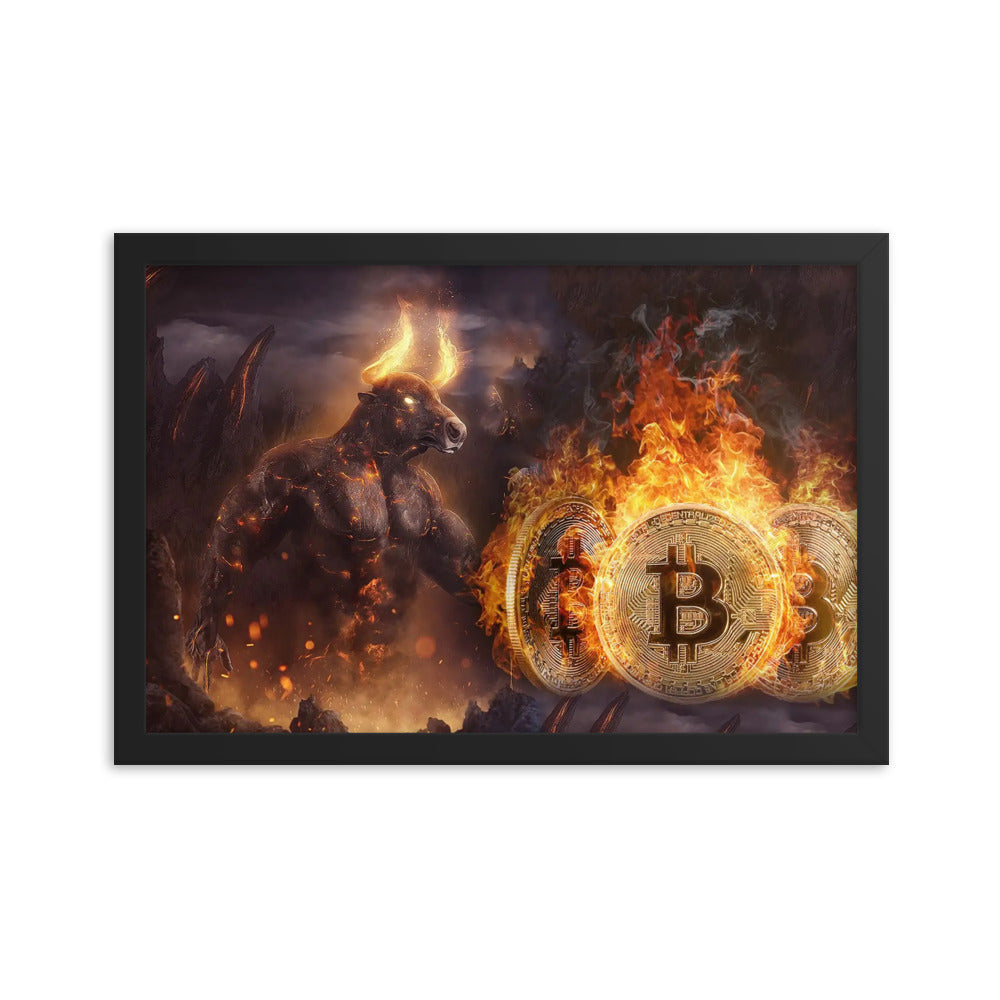 Flaming Bitcoin Bull Framed poster